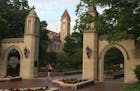 The limestone Sample Gates form the entrance to the oldest part of the Indiana University campus in Bloomington, Ind.