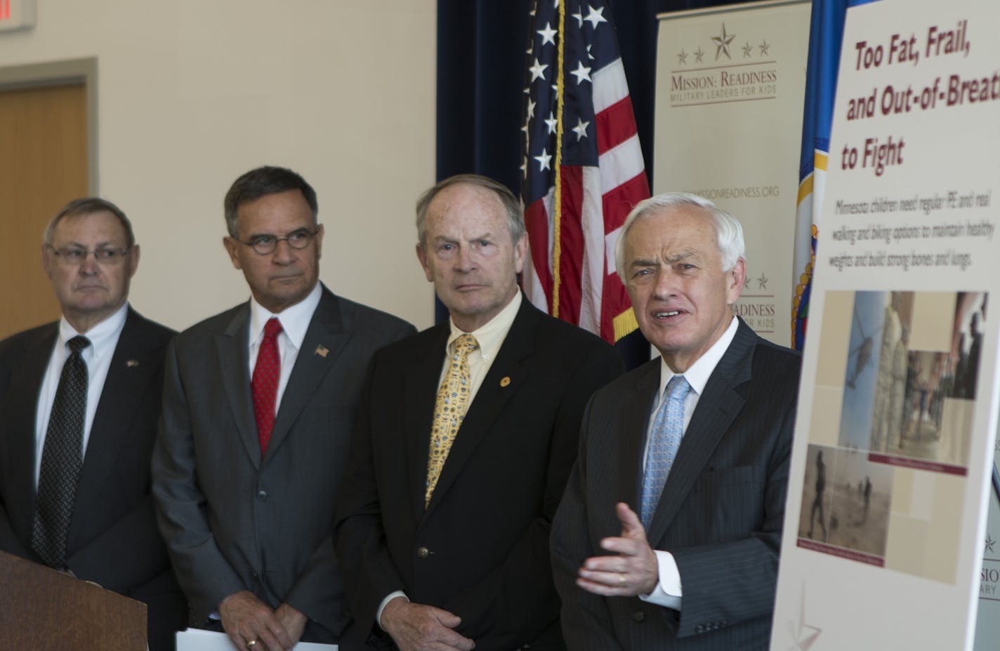 Retired generals announce a report that finds that most Minnesota kids are too fat and frail to join the military. From left, Air force Brig. Gen. (Ret) Jerald Engelman, Army Brig. Gen. (Ret) Tim Kennedy, Air Force Brig. Gen. (Ret) Dennis Schulstad, and Air Force Brig. Gen. (Ret) Harry Sieben.