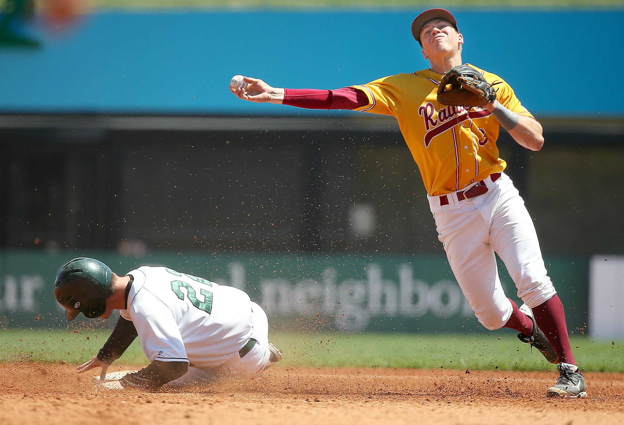 Northfields Thomas McDonald tagged out Mounds View's Jeff LeMay and threw to first for a double play in the third inning during the Class 3A baseball quarterfinals at CHS Field, Friday, June 12, 2015 in St. Paul, MN. ] (ELIZABETH FLORES/STAR TRIBUNE) ELIZABETH FLORES • eflores@startribune.com