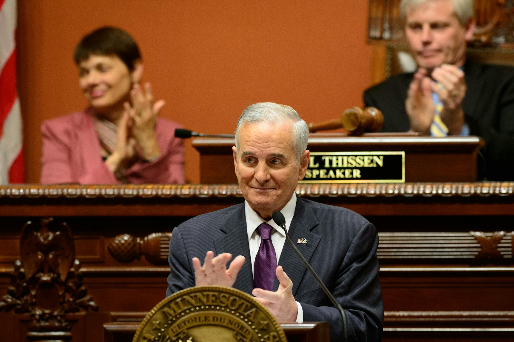 Gov. Mark Dayton delivered his state of the state address from the House Chamber Wednesday night. Behind him are Senate President Sandra Pappas and House Speaker Paul Thissen.