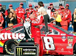 Kyle Busch tossed his son, Brexton, in the air after winning the NASCAR Cup race at ISM Raceway in Avondale, Ariz., on Sunday.
