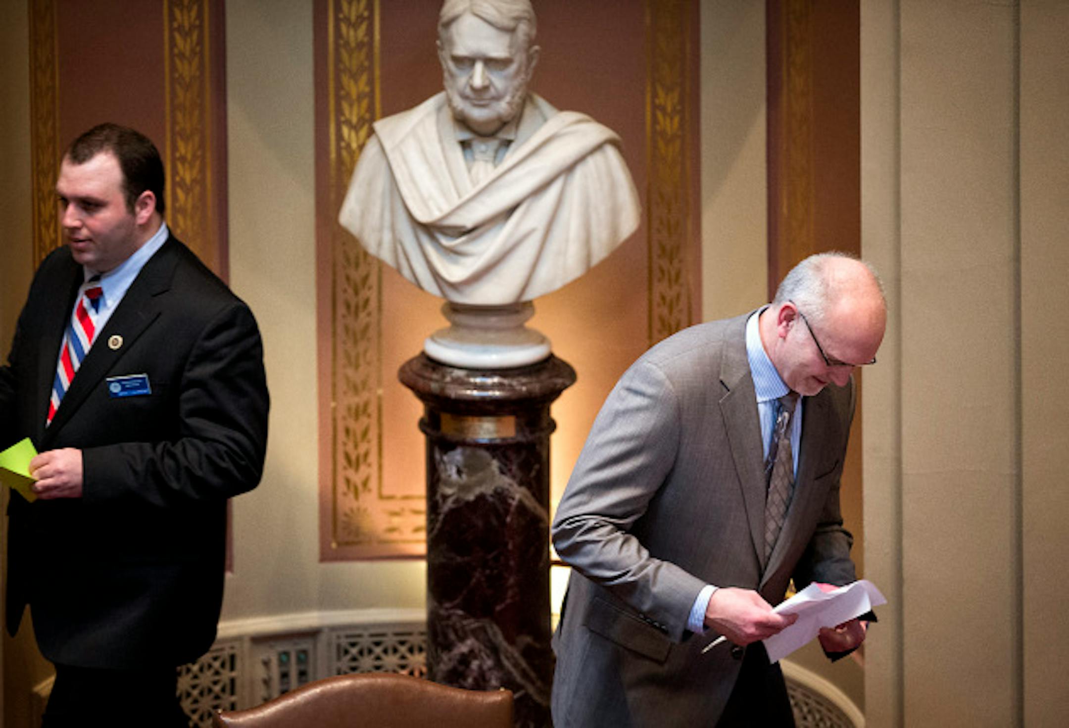 Senator Roger Chamberlain moved through the the Senate chamber after accusing a colleague of "Doctor Seuss-like thinking" when he didn't get an answer he liked during debate of the health insurance exchange.   Thursday, March 7, 2013.      ]   GLEN STUBBE * gstubbe@startribune.com