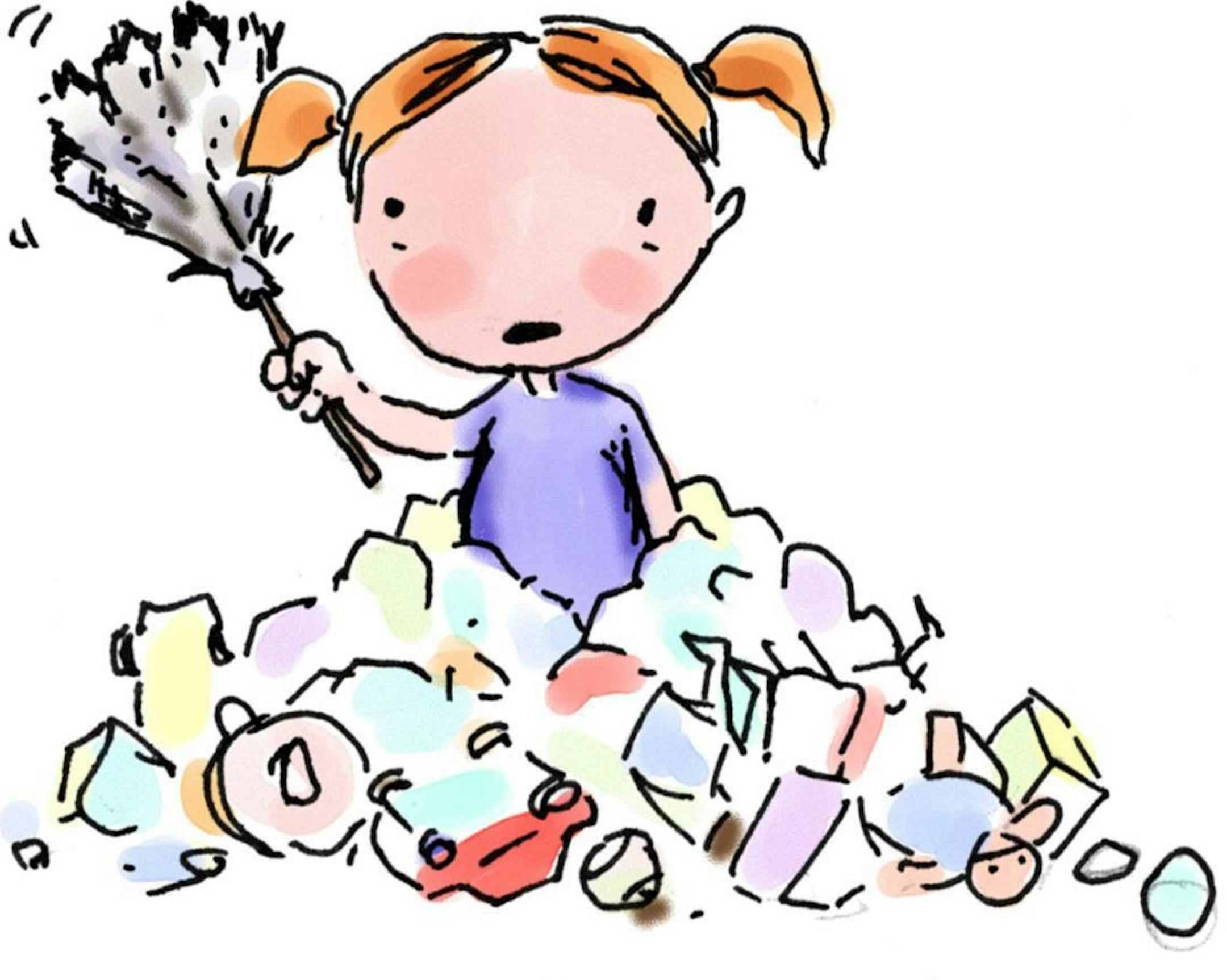 300 dpi Hector Casanova color illustration of young girl holding feather duster while standing in a pile of stuff, titled "Clutter Cutter." The Kansas City Star 2008<p> kids routine illustration kid routine clutter cutter cleaning feather duster clean school children breakfast sleep sleeping school bedtime dinner clutter homework schedule parenting raising; HUM; krtfeatures features; krthumaninterest human interest; krtlifestyle lifestyle; krtnational national; leisure; krtdiversity diversity; y
