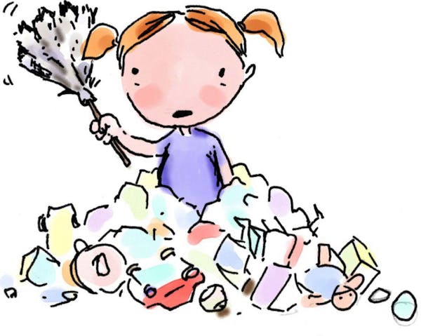 300 dpi Hector Casanova color illustration of young girl holding feather duster while standing in a pile of stuff, titled "Clutter Cutter." The Kansas