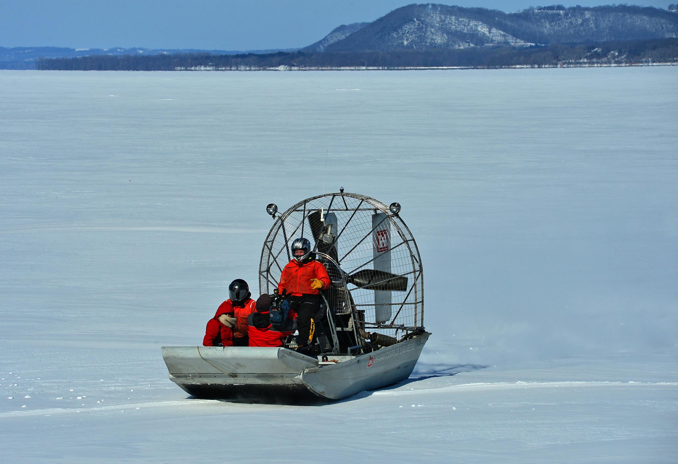 U.S. Army Corps of Engineers use airboats to travel to measurement points. They’re out on the lake two weeks later than last year due to the cold.