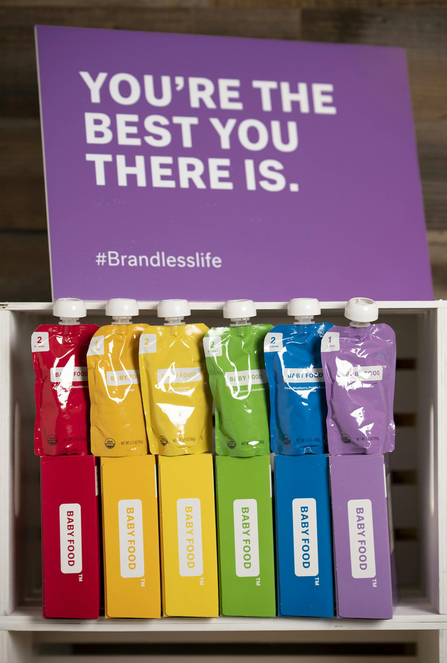 Some of the new baby food products Brandless will launch this week. ] JEFF WHEELER &#x2022; jeff.wheeler@startribune.com Brandless.com is a fast growing e-commerce startup headquartered in San Francisco and Minneapolis and is making its biggest announcement in its 2-year history Wednesday. The company sells food and household goods -- all for $3 -- and is launching baby and pet products Wednesday. The company is trying to remove the complexity that is modern day online shopping by offering one -