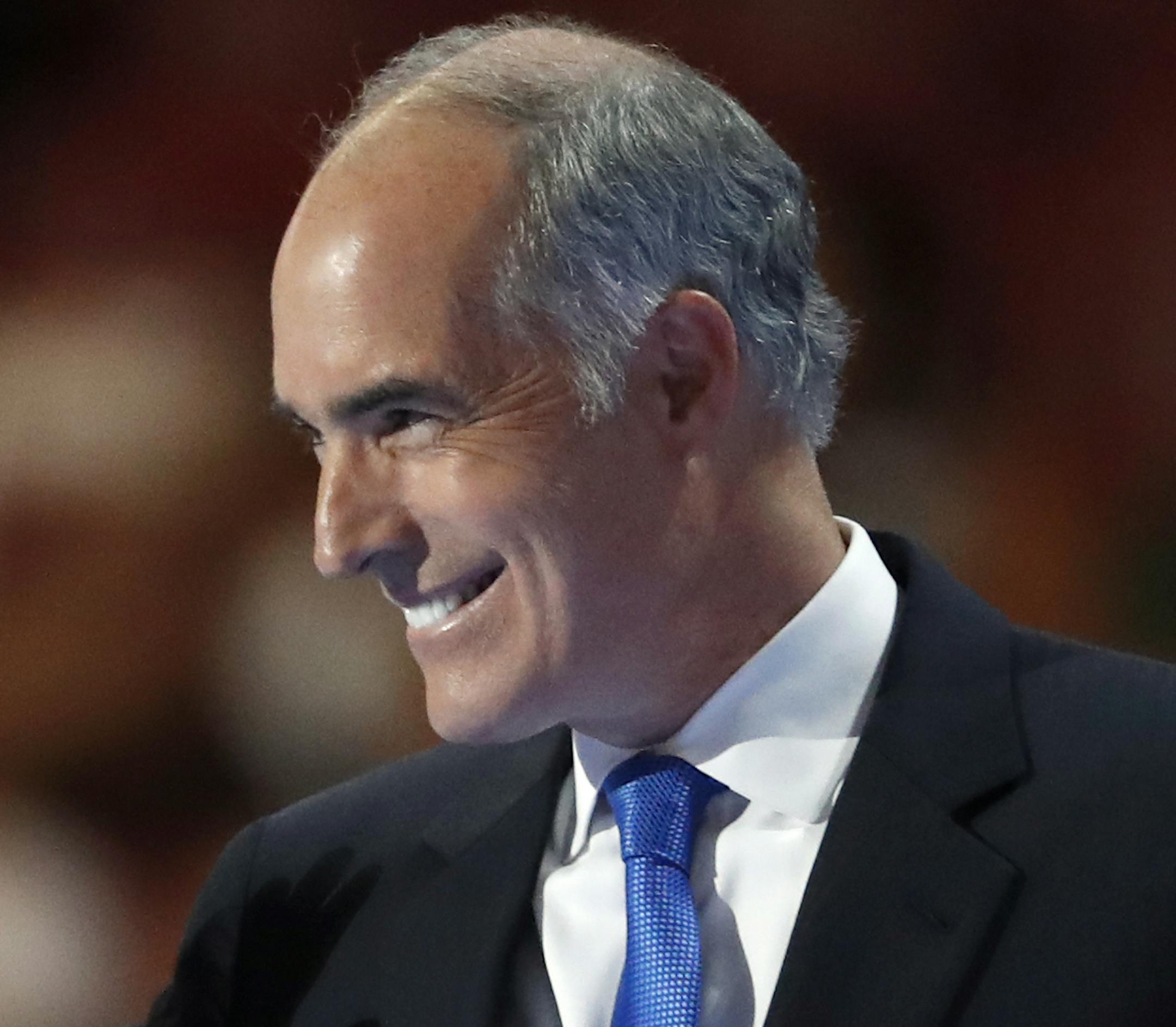 Sen. Bob Casey, D-Pa., waves as he takes the stage during the first day of the Democratic National Convention in Philadelphia , Monday, July 25, 2016. (AP Photo/Paul Sancya)