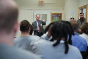 Secretary of State Steve Simon talks to people incarcerated at the prison in St. Cloud about the state's new law restoring voting rights to people wit