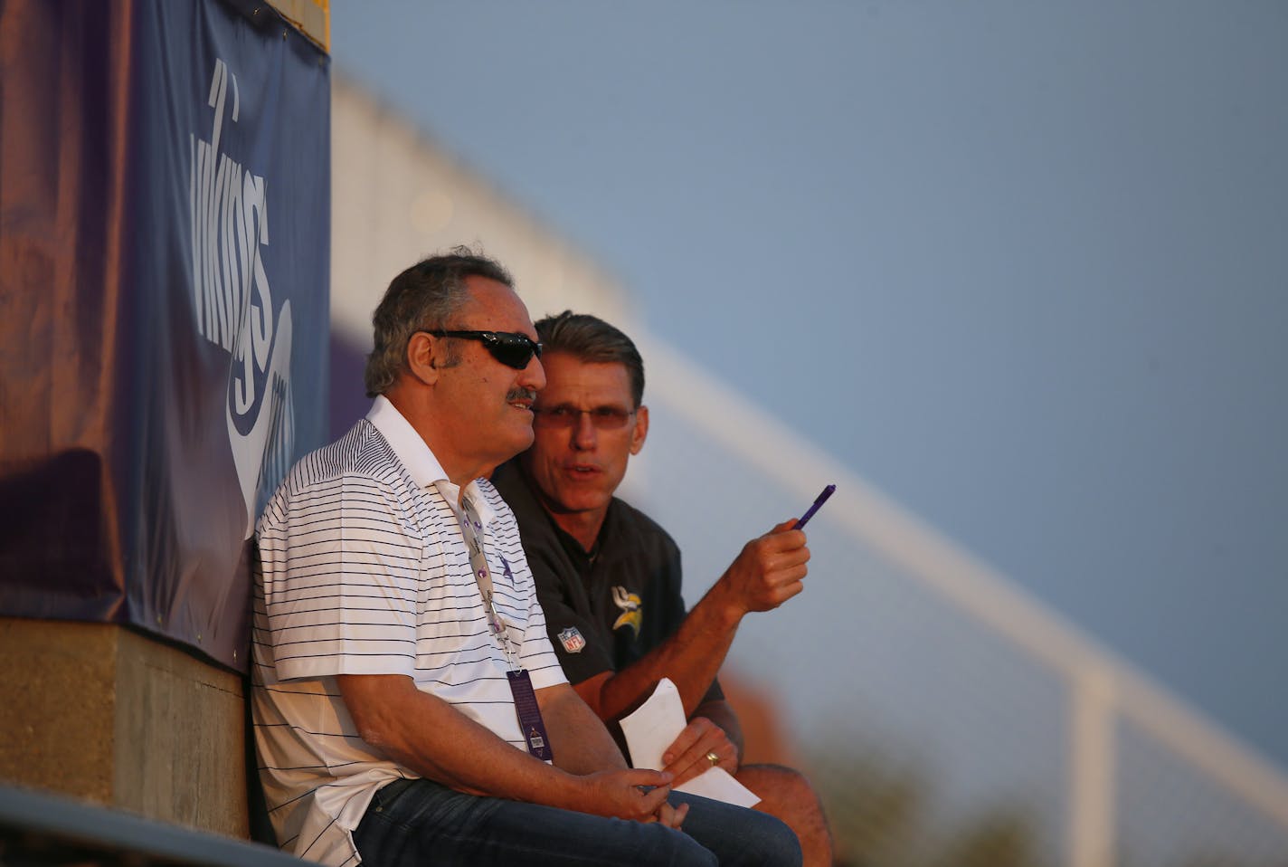 Vikings owner Zygi Wilf takes with GM Rick Spielman during NFL camp at Minnesota State University , Mankato Monday July 28, 2014 in Mankato, MN . ] Jerry Holt Jerry.holt@startribune.com