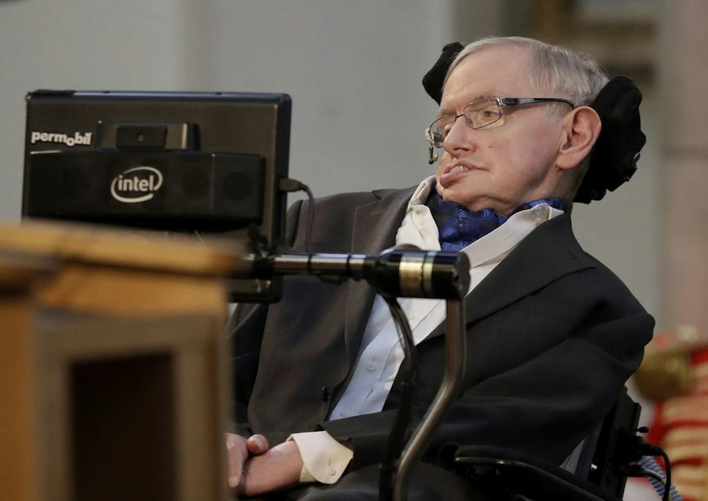 Britain's Professor Stephen Hawking delivers a keynote speech as he receives the Honorary Freedom of the City of London during a ceremony at the Guildhall in the City of London, Monday, March 6, 2017. Hawking was presented the City of London Corporation's highest award Monday in recognition of his outstanding contribution to theoretical physics and cosmology.