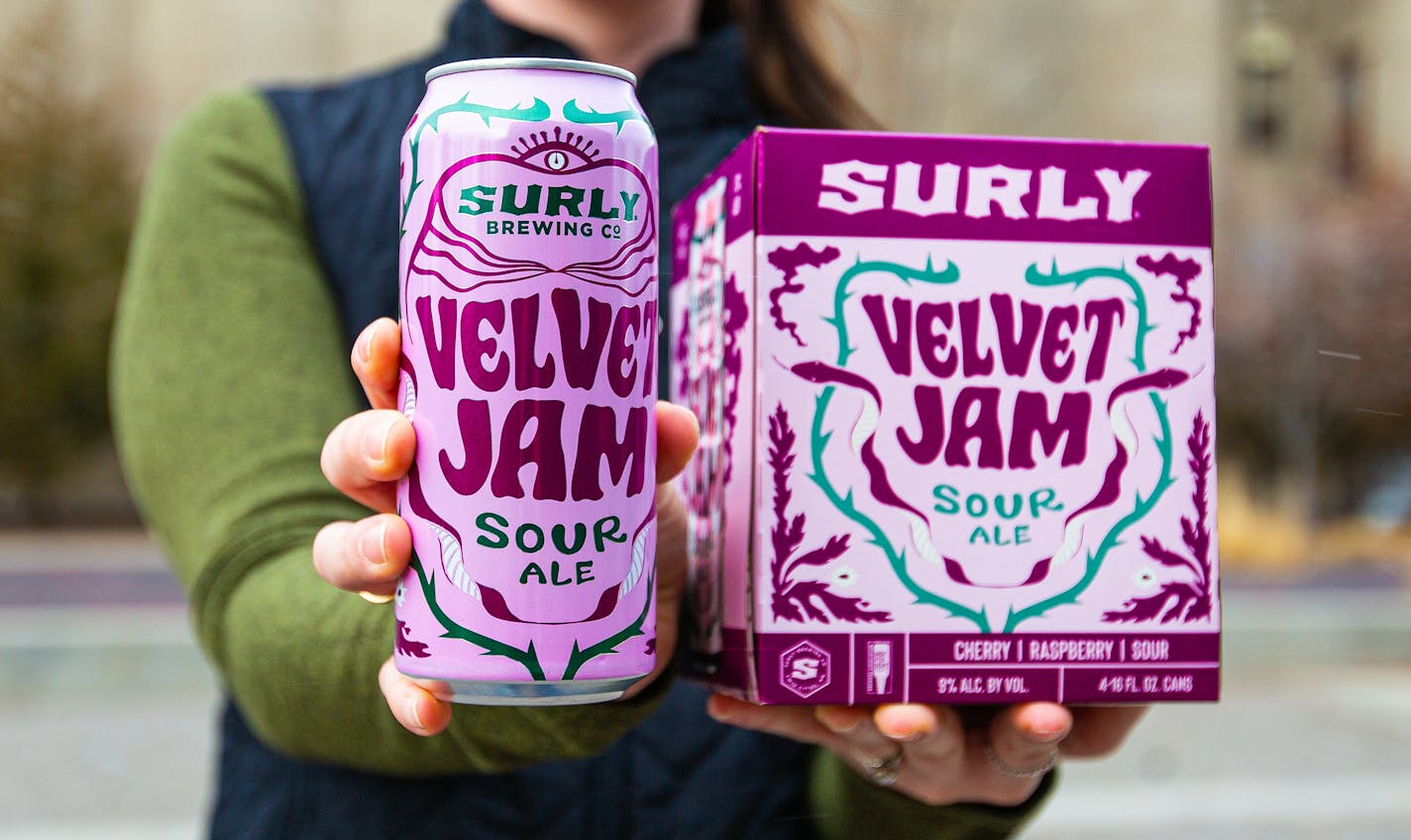 A can and a four-pack — both bright purple — of Surly's Velvet Jam.