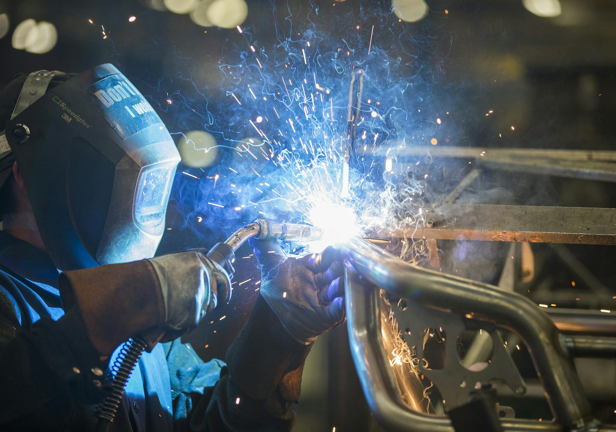 A worker welds the frame for the 2016 Wildcat X side-by-side vehicle at the Arctic Cat factory in Thief River Falls, Minn., on Sept. 30, 2015. (Leila Navidi/Minneapolis Star Tribune/TNS) ORG XMIT: 1174791