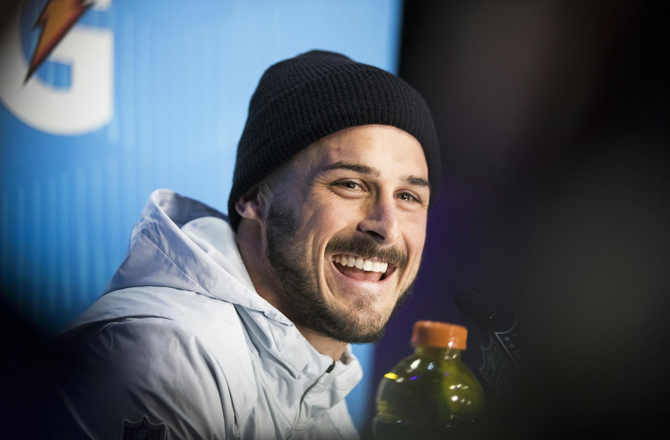Danny Amendola of the New England Patriots talks to the media. ] LEILA NAVIDI &#xef; leila.navidi@startribune.com BACKGROUND INFORMATION: The New England Patriots and the Philadelphia Eagles attend Super Bowl Opening Night at Xcel Energy Center in St. Paul on Monday, January 29, 2018.