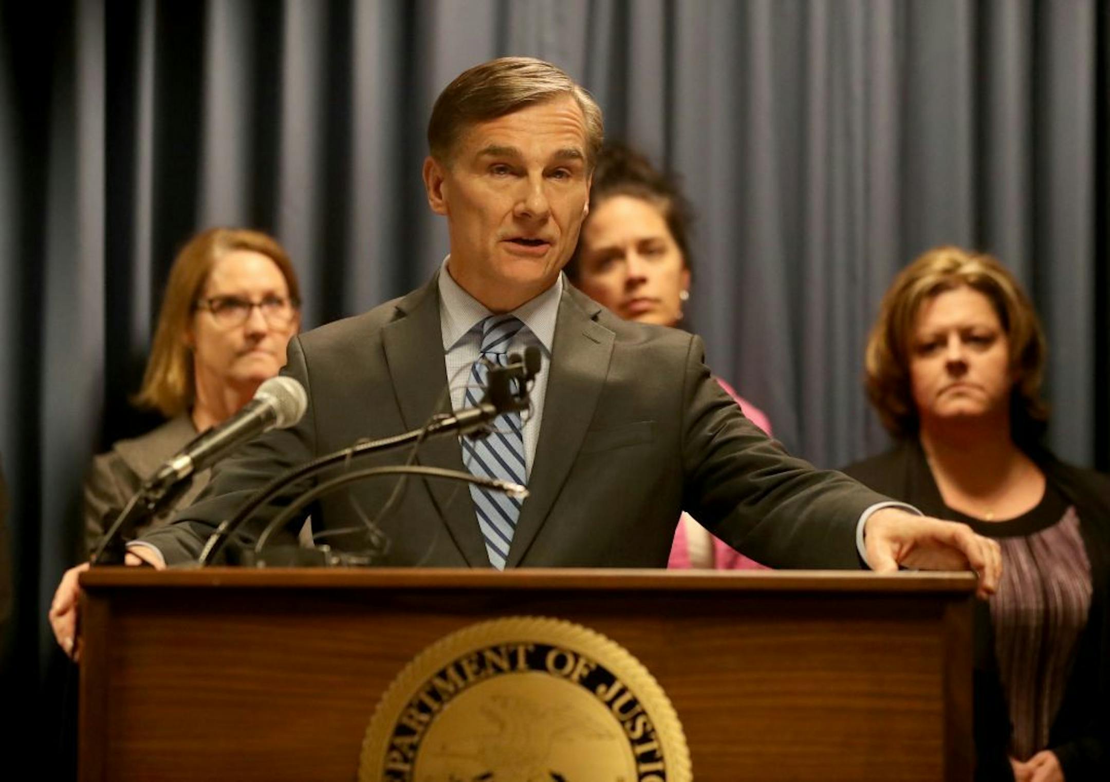 Jerry Ruzicka and W. Jeff Taylor were found guilty on multiple counts, while Larry Miller and Larry Hagen were found not guilty on a split verdict on the Starkey case Thursday, March 8, 2018, at the federal courthouse in Minneapolis, MN. Here, Greg Booker, US attorney for the district of Minnesota, talks about the verdict during a press conference afterwards.