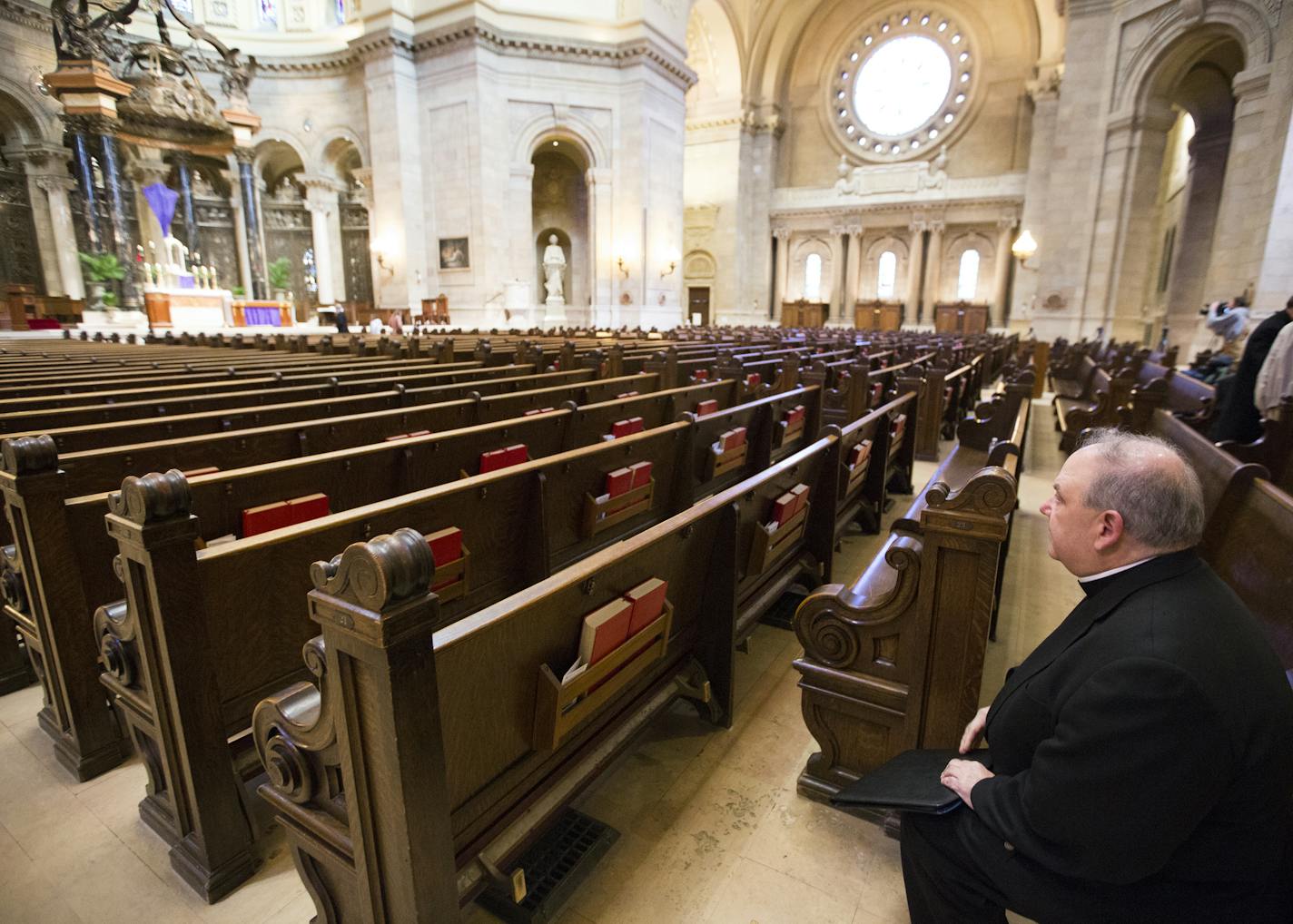 Archbishop Bernard Hebda takes a moment of prayer after a news conference at St. Paul Cathedral after being appointed as Archbishop of the archdiocese of St. Paul and Minneapolis. ] (Leila Navidi/Star Tribune) leila.navidi@startribune.com BACKGROUND INFORMATION: Thursday, March 24, 2016.