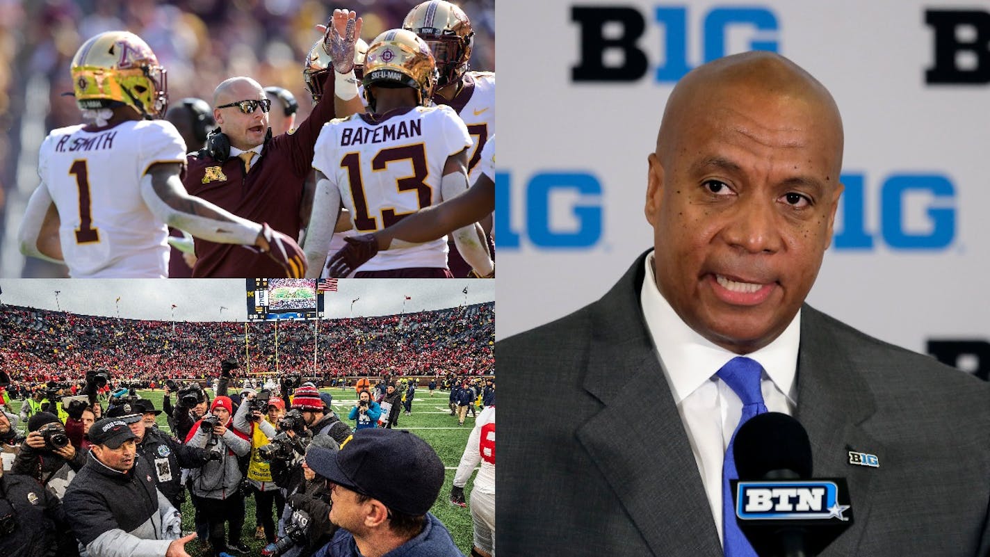 (Clockwise from right) Big Ten Commissioner Kevin Warren, Michigan coach Jim Harbaugh and Gophers coach P.J. Fleck are in a tough position, wanting to salvage the 2020 college football season in some form.