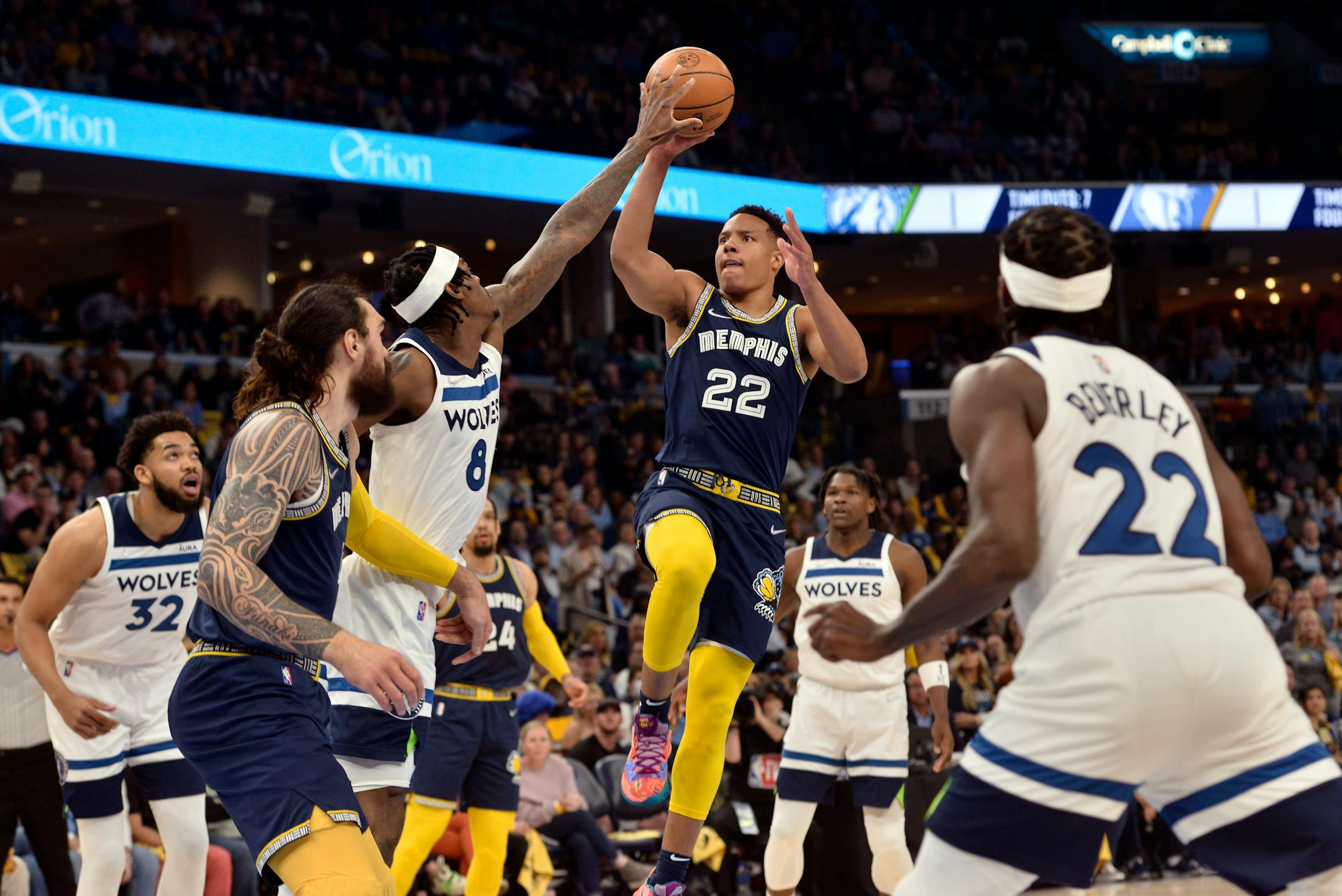 Memphis Grizzlies guard Desmond Bane (22) shoots against Minnesota Timberwolves forward Jarred Vanderbilt (8) in the first half during Game 2 of a first-round NBA basketball playoff series Tuesday, April 19, 2022, in Memphis, Tenn. (AP Photo/Brandon Dill)