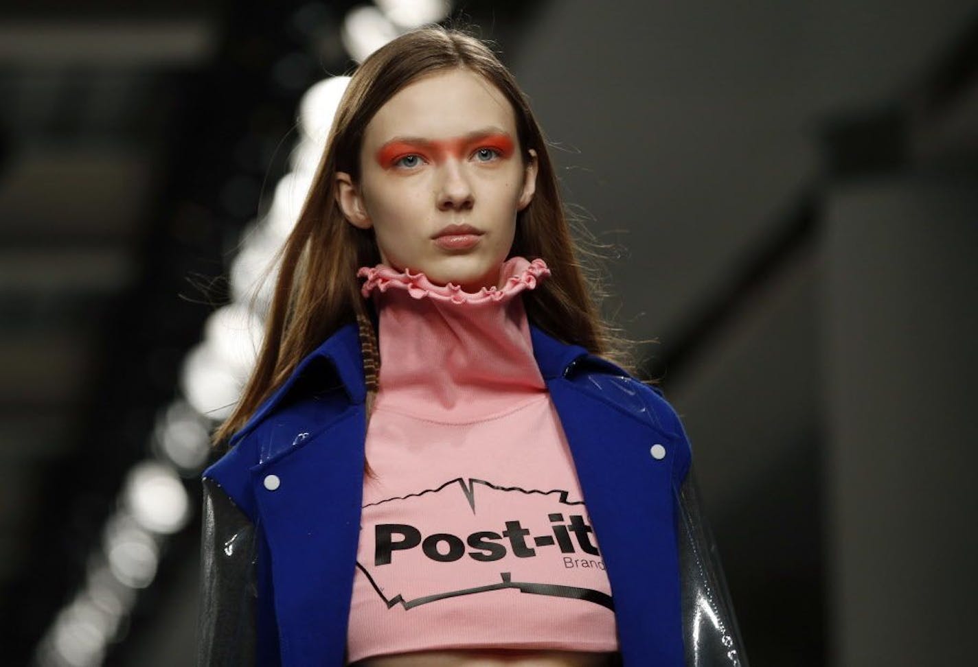 A model wears a creation by designer Fydor Golan during their runway show as part of London Fashion Week, Friday, Feb. 17, 2017.