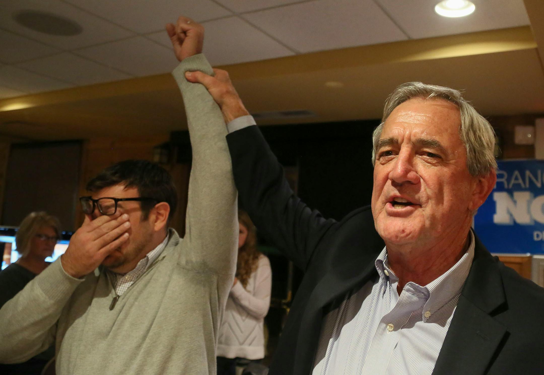 After being projected the winner of the Eighth Congressional District, Democratic U.S. Rep. Rick Nolan gives thanks to his campaign manager Kendal Killian at his elections headquarters at the Arrowwood Lodge early Wednesday, Nov. 5, 2014, in Baxter, Minn.