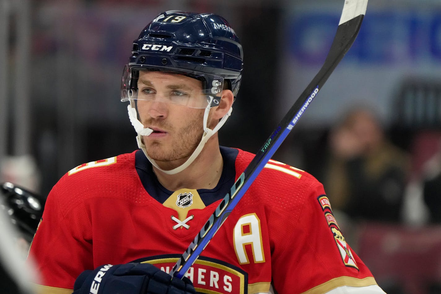 Florida Panthers left wing Matthew Tkachuk is shown during the first period of an NHL hockey game against the Tampa Bay Lightning, Monday, Feb. 6, 2023, in Sunrise, Fla. (AP Photo/Wilfredo Lee)