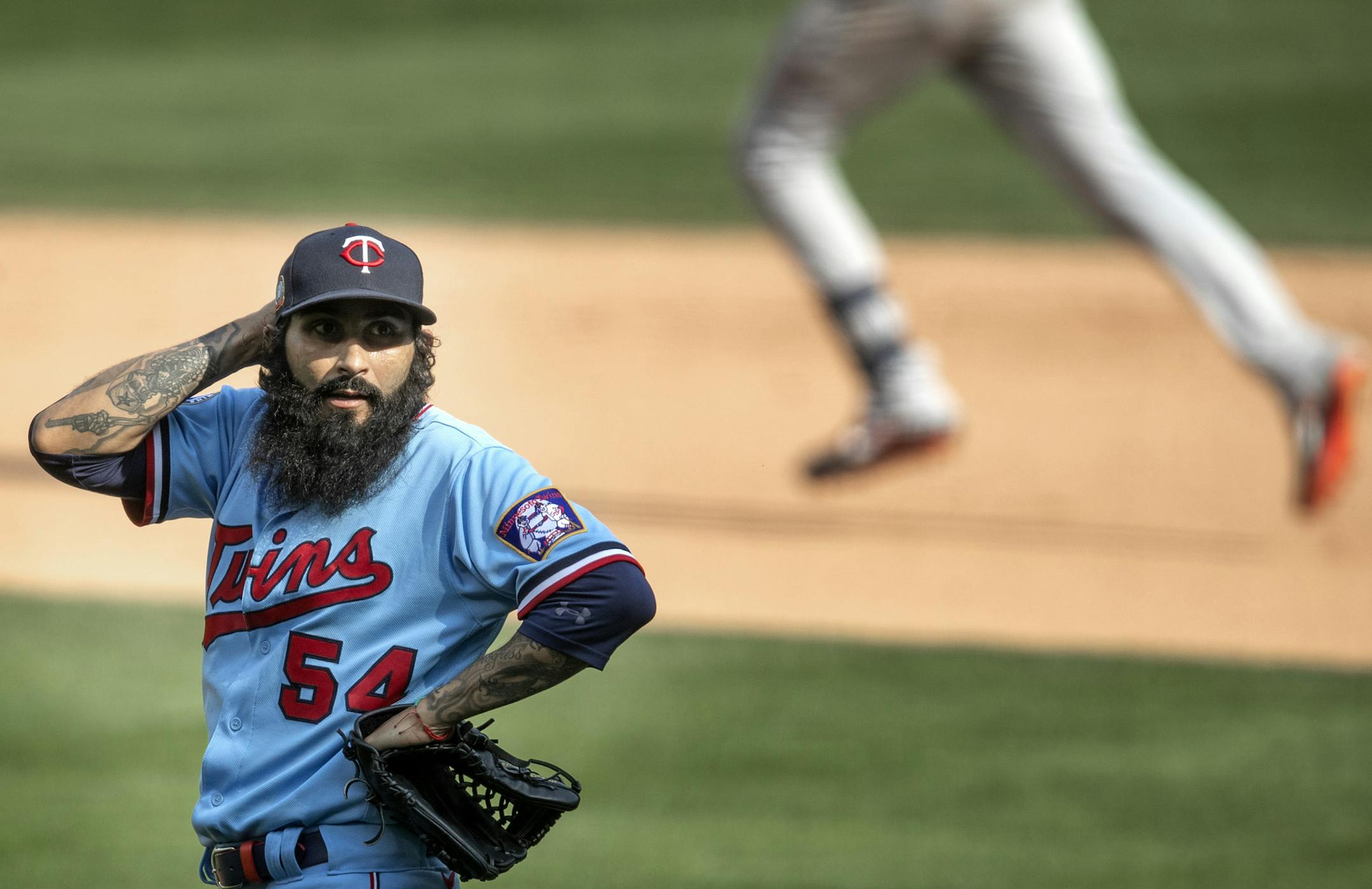 Minnesota Twins relief pitcher Sergio Romo (54) waited for Detroit Tigers catcher Grayson Greiner (17) to round the bases after he hit the winning home run in the eight inning .] Jerry Holt •Jerry.Holt@startribune.com The Minnesota Twins hosted the Detroit Tigers at Target Field Sunday September 6,2020 in Minneapolis. ,MN.