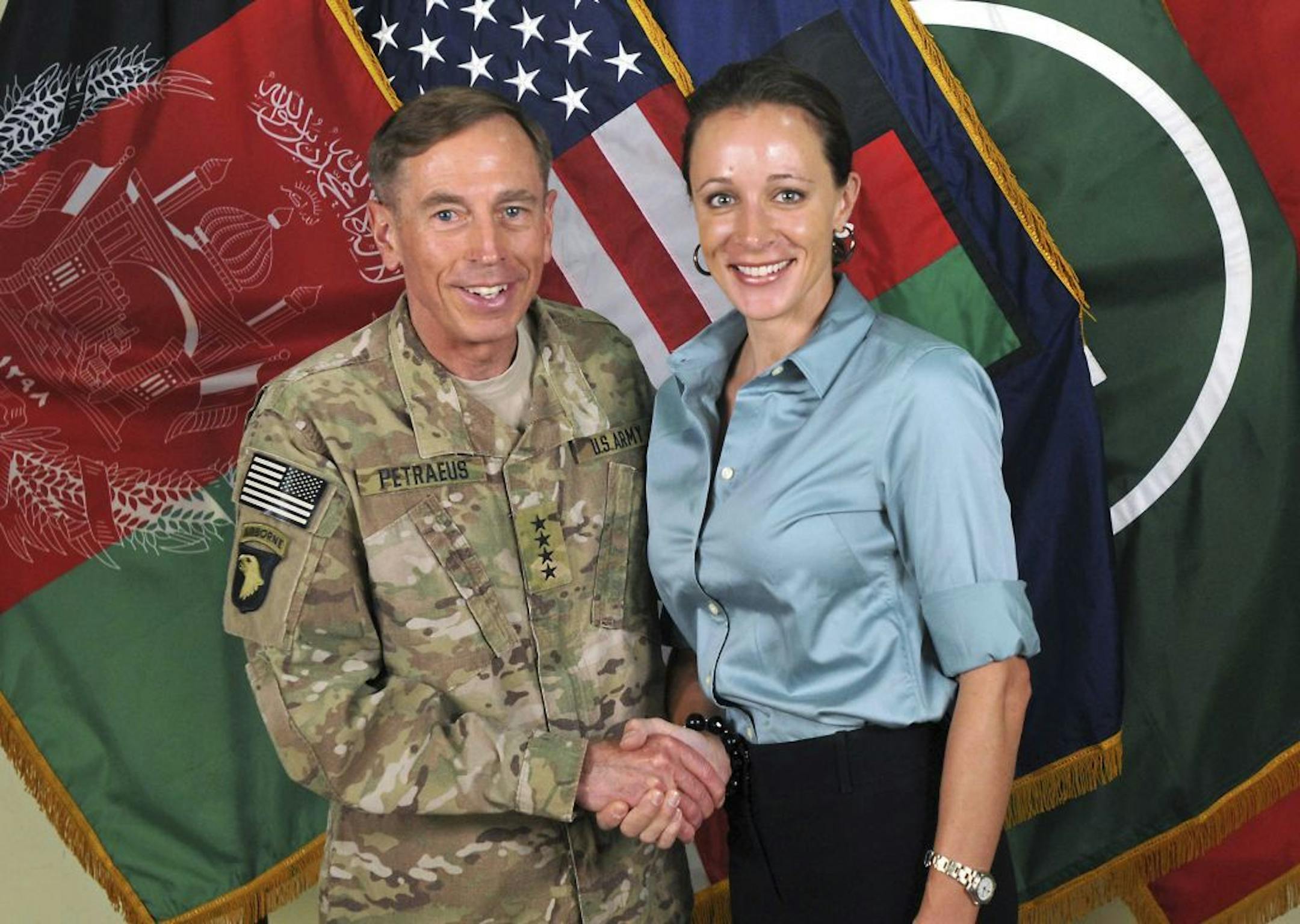 In a handout photo, Gen. David Petraeus, then commander of the NATO International Security Assistance Force, with Paula Broadwell, his biographer, in Afghanistan on July 13, 2011.