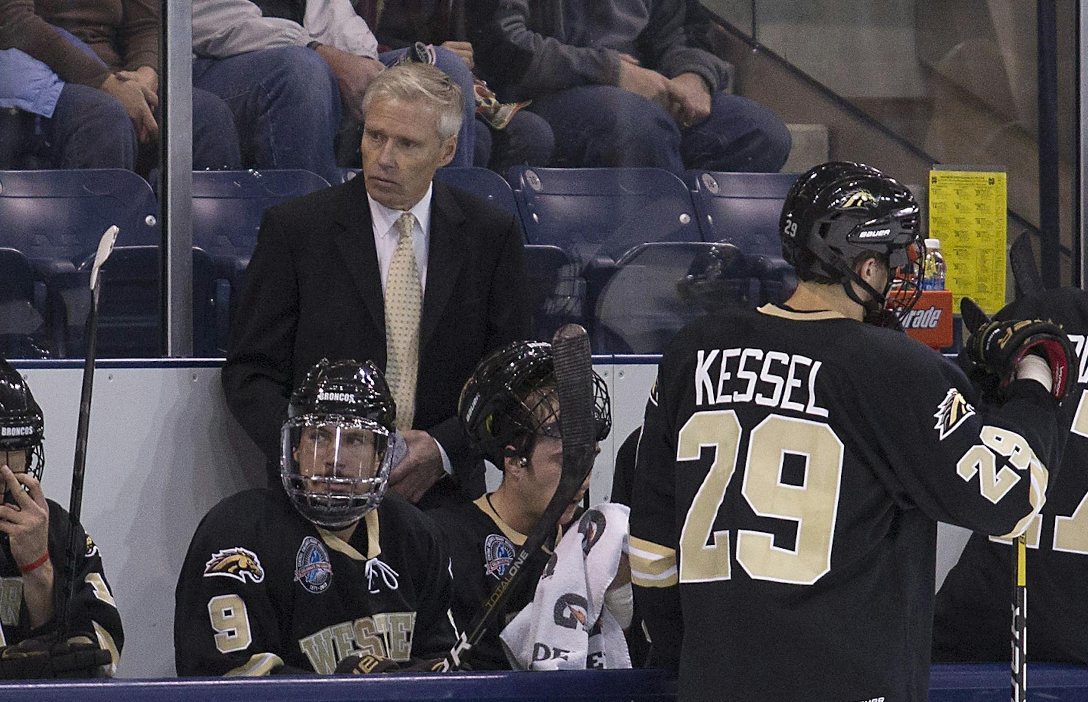 Nov. 2, 2012 - South Bend, Indiana, United States of America - November 02, 2012: Western Michigan head coach Andy Murray behind the bench during NCAA Hockey game action between the Notre Dame Fighting Irish and the Western Michigan Broncos at Compton Family Ice Arena in South Bend, Indiana. Western Michigan defeated Notre Dame 3-2. (Cal Sport Media via AP Images) ORG XMIT: CSMAP