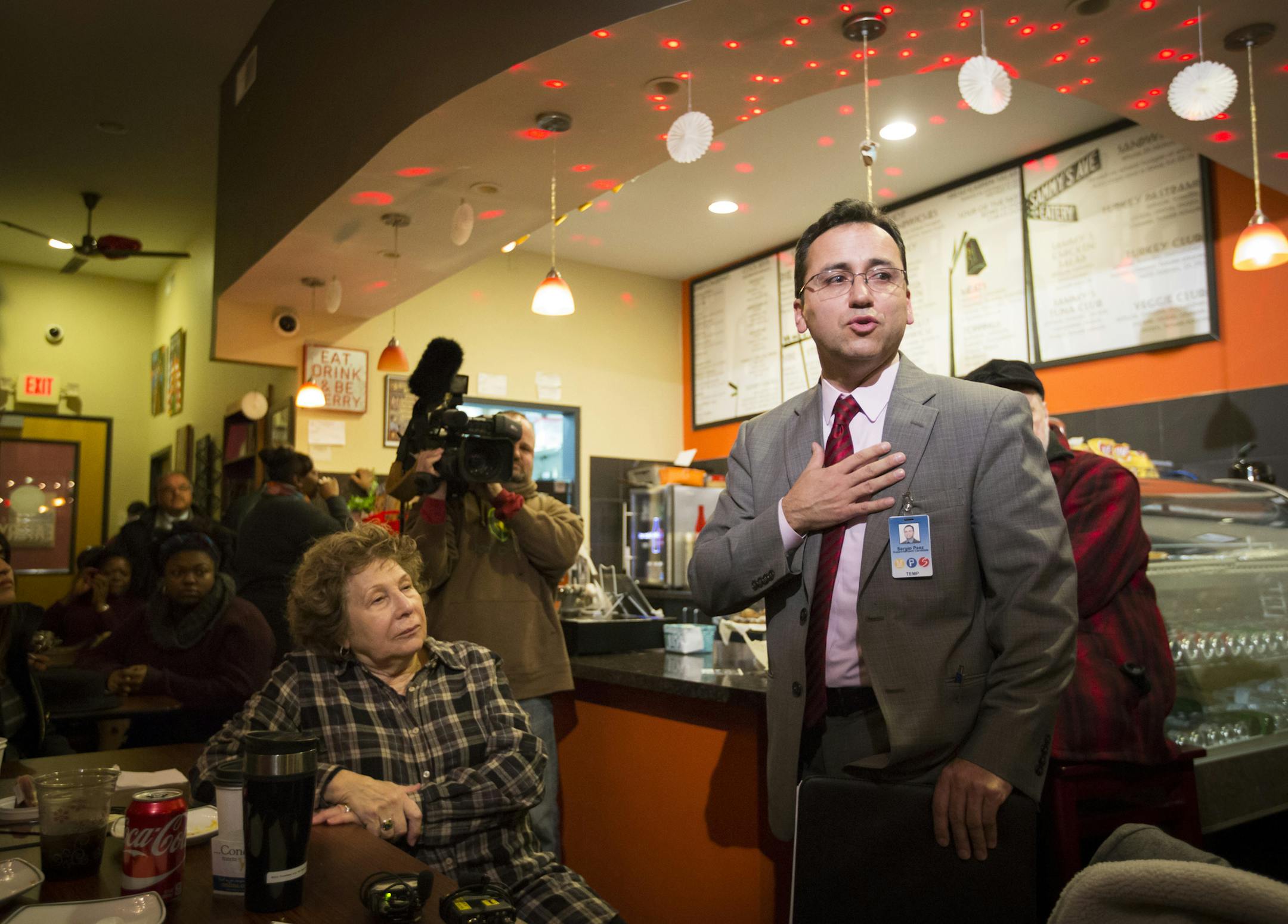 Sergio Paez spoke to the media and members of the public that showed up to question him in his continuing mission to secure the job of superintendent of Minneapolis Public Schools at Sammy'a Avenue Eatery on Tuesday, January 5, 2016, in Minneapolis, Minn.