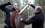Mark Belshaw and Robert Brooks doing battle with their bronze swords in "Secrets of the Dead: After Stonehenge."
Photo: Paola Desiderio * 360 Producti