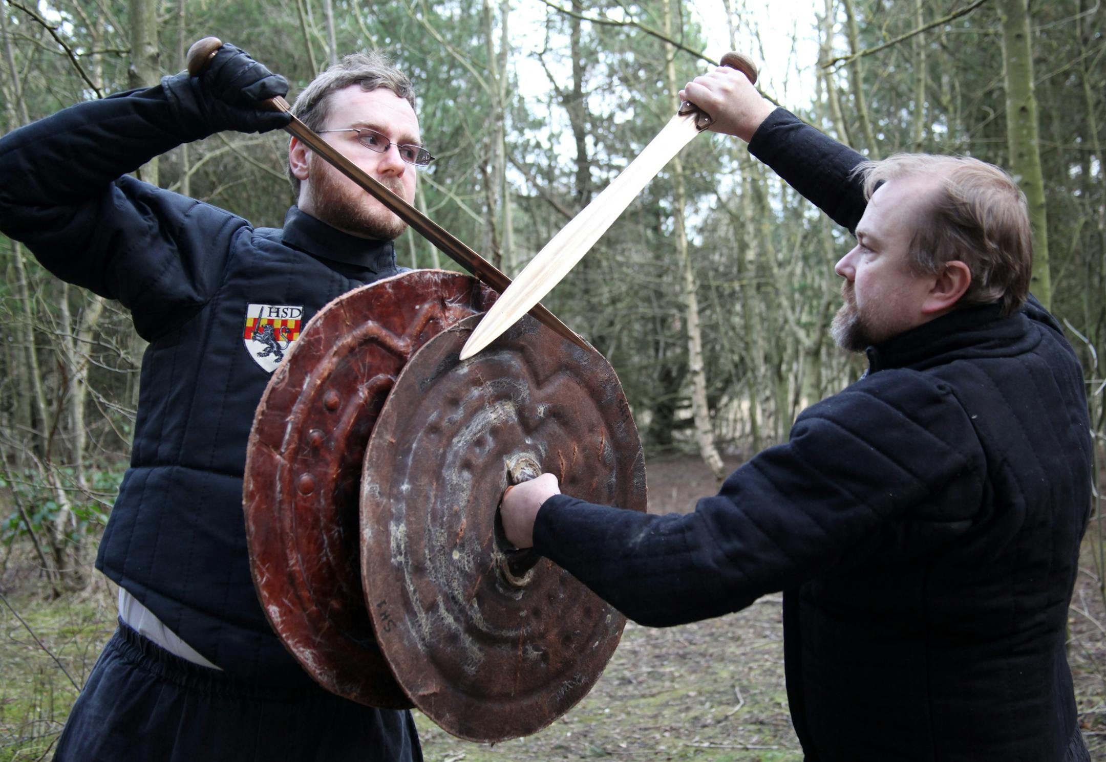 Mark Belshaw and Robert Brooks doing battle with their bronze swords in "Secrets of the Dead: After Stonehenge."
Photo: Paola Desiderio * 360 Production