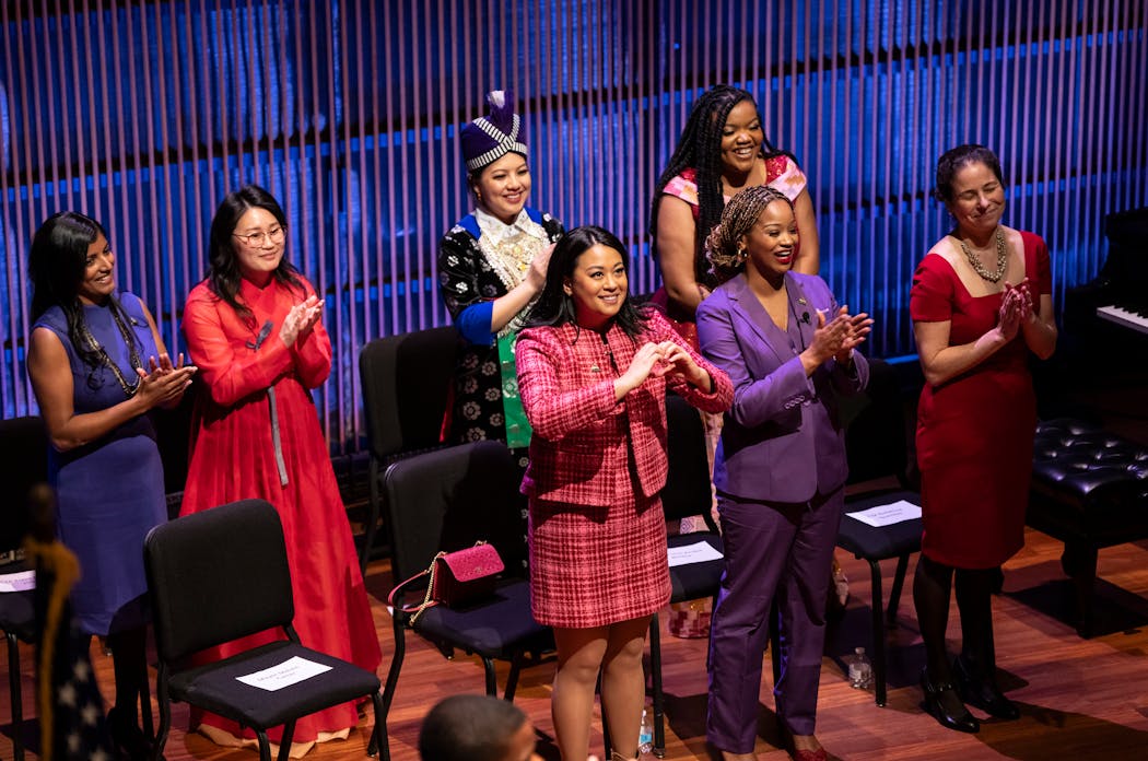 All seven female St. Paul city council members, four new to the council, were applauded after they were sworn in at a ceremony.