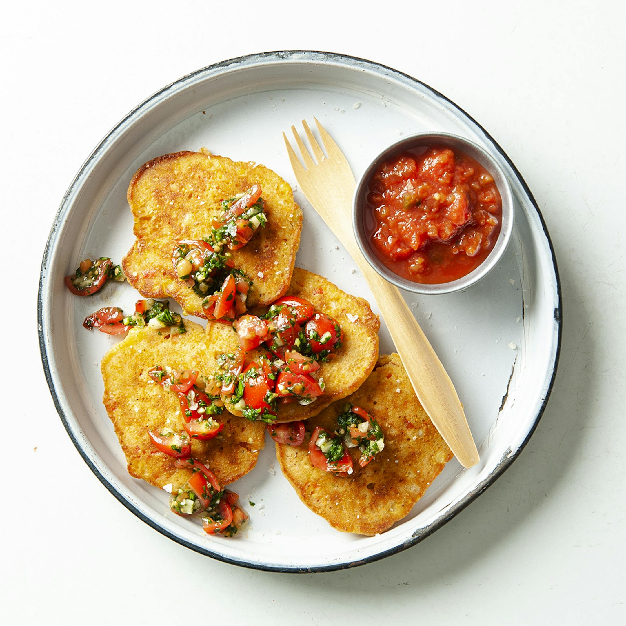 Sweet Corn Cakes With Cherry Tomato Salad.