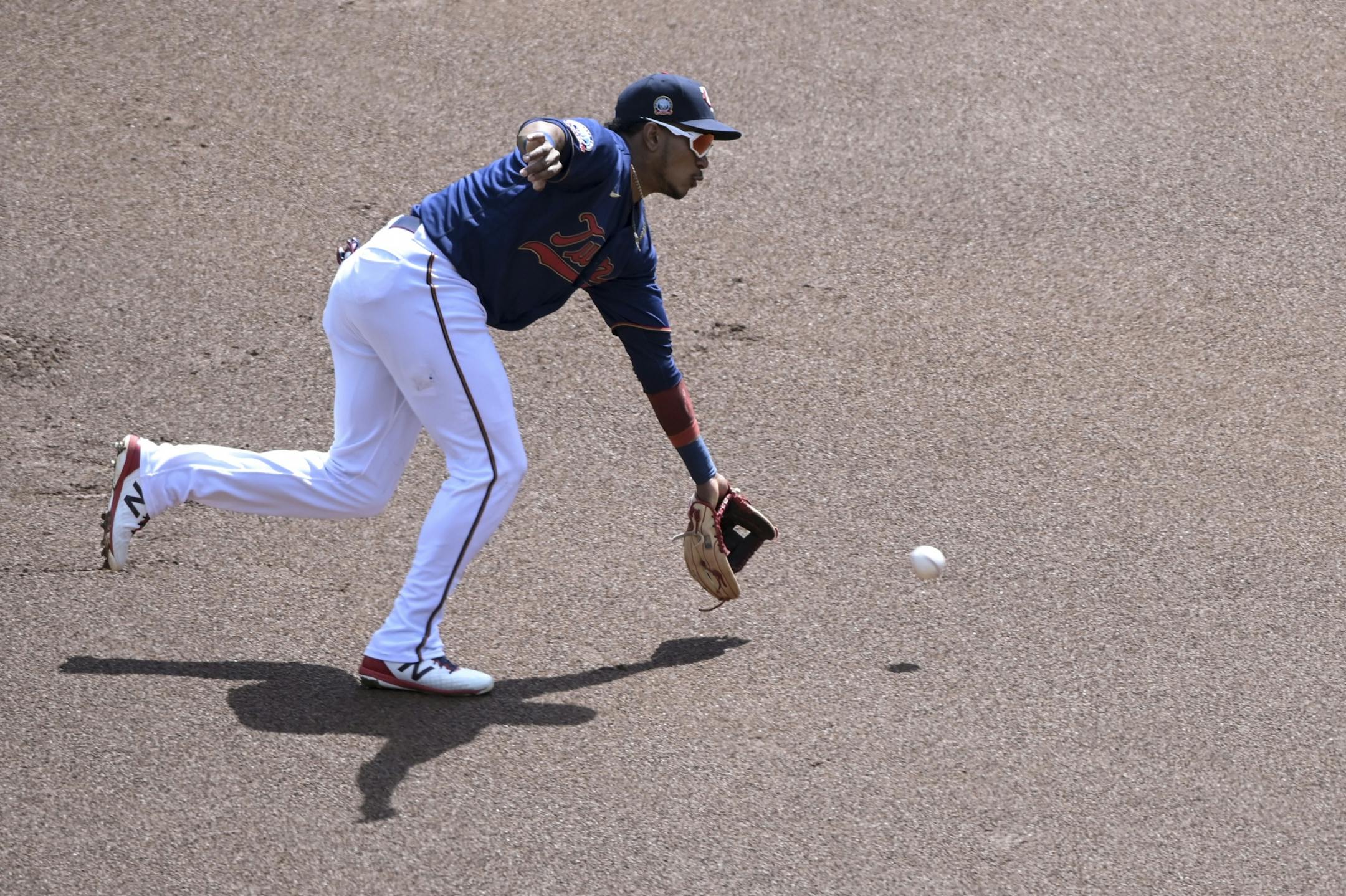 Kansas City Royals catcher Salvador Perez (13) grounded out to Minnesota Twins shortstop Jorge Polanco (11) in the top of the first inning.