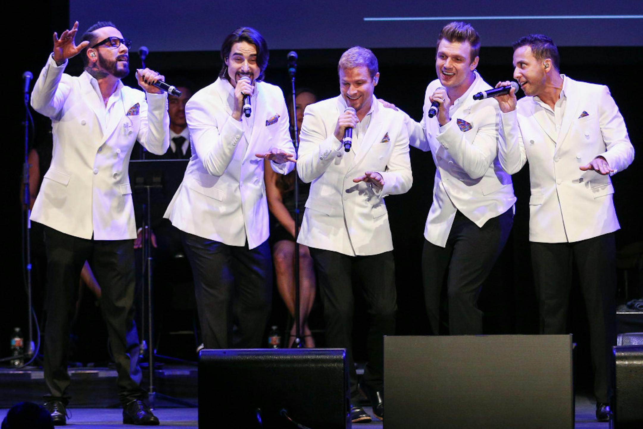 In this May 19, 2016, A.J. McLean, from left, Kevin Richardson, Brian Littrell, Nick Carter and Howie Dorough of the Backstreet Boys perform at the 12th Annual MusiCares MAP Fund Benefit Concert held at The Novo by Microsoft, in Los Angeles.