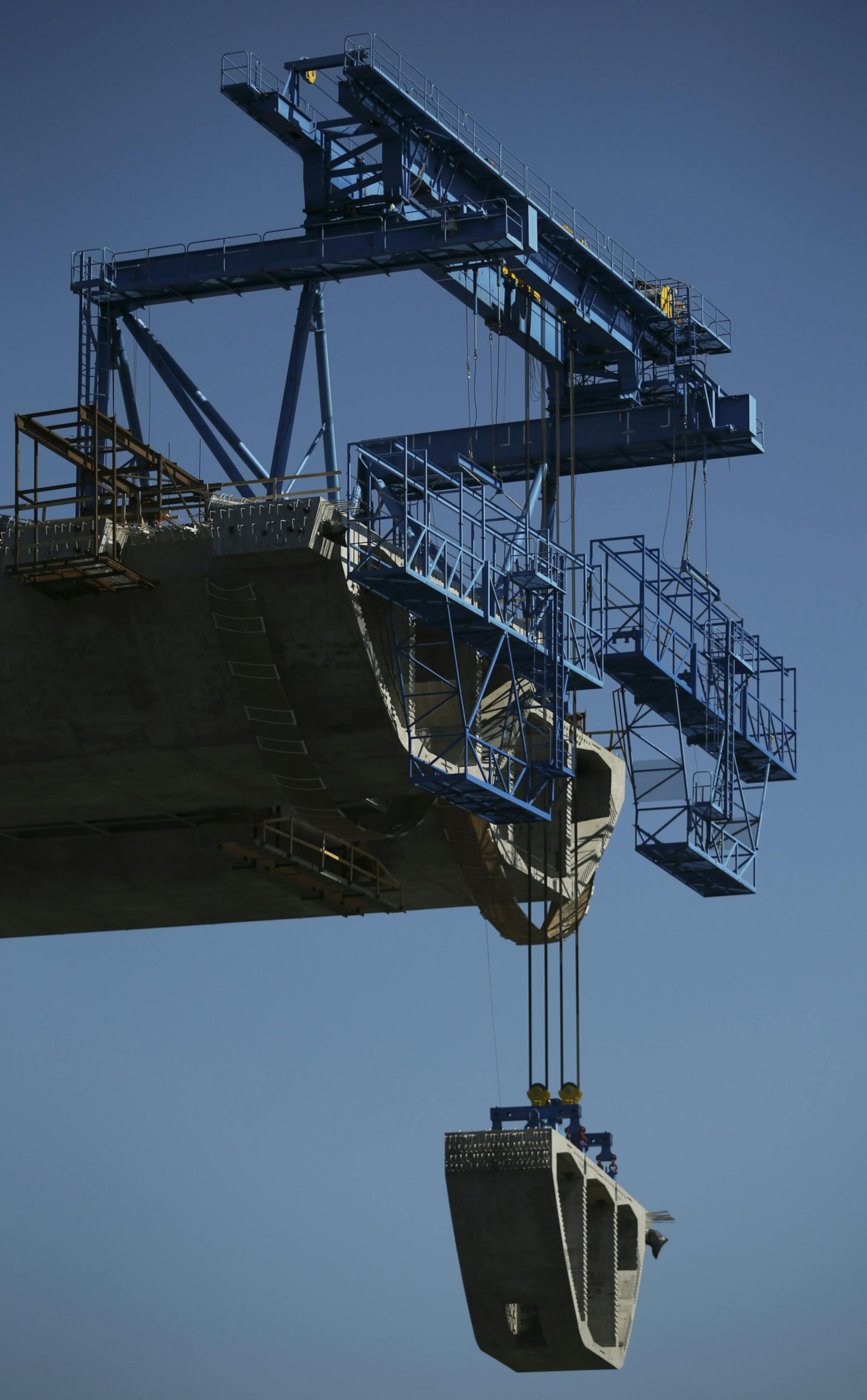 A segment was lifted from a barge beneath pier 9 of the St. Croix Crossing project under construction Thursday afternoon on the St. Croix River near Stillwater. ] JEFF WHEELER • jeff.wheeler@startribune.com Problems with ironwork on the St. Croix River bridge were reported to project leaders months before last week's announcement of a major delay in the construction schedule. The St. Croix Crossing construction project was photographed Thursday afternoon, September 10, 2015 on the water o