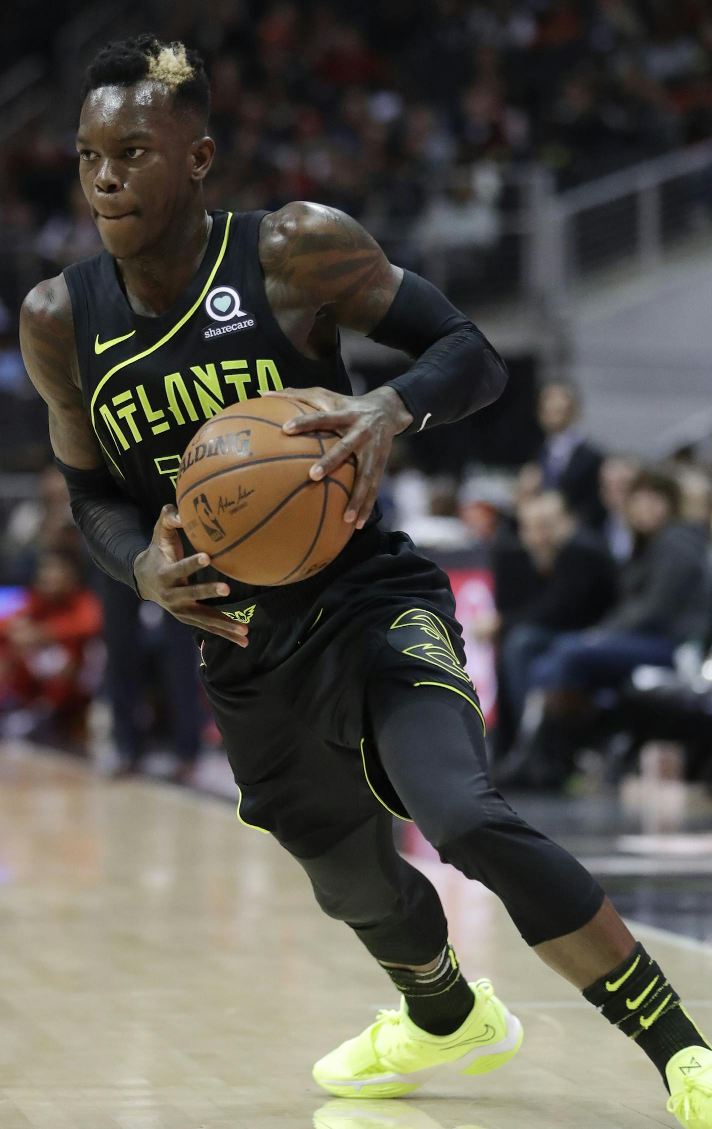 Atlanta Hawks guard Dennis Schroder (17) is shown against the Washington Wizards in the first half of an NBA basketball game Saturday, Jan. 27, 2018, in Atlanta. (AP Photo/John Bazemore) ORG XMIT: GAJB10