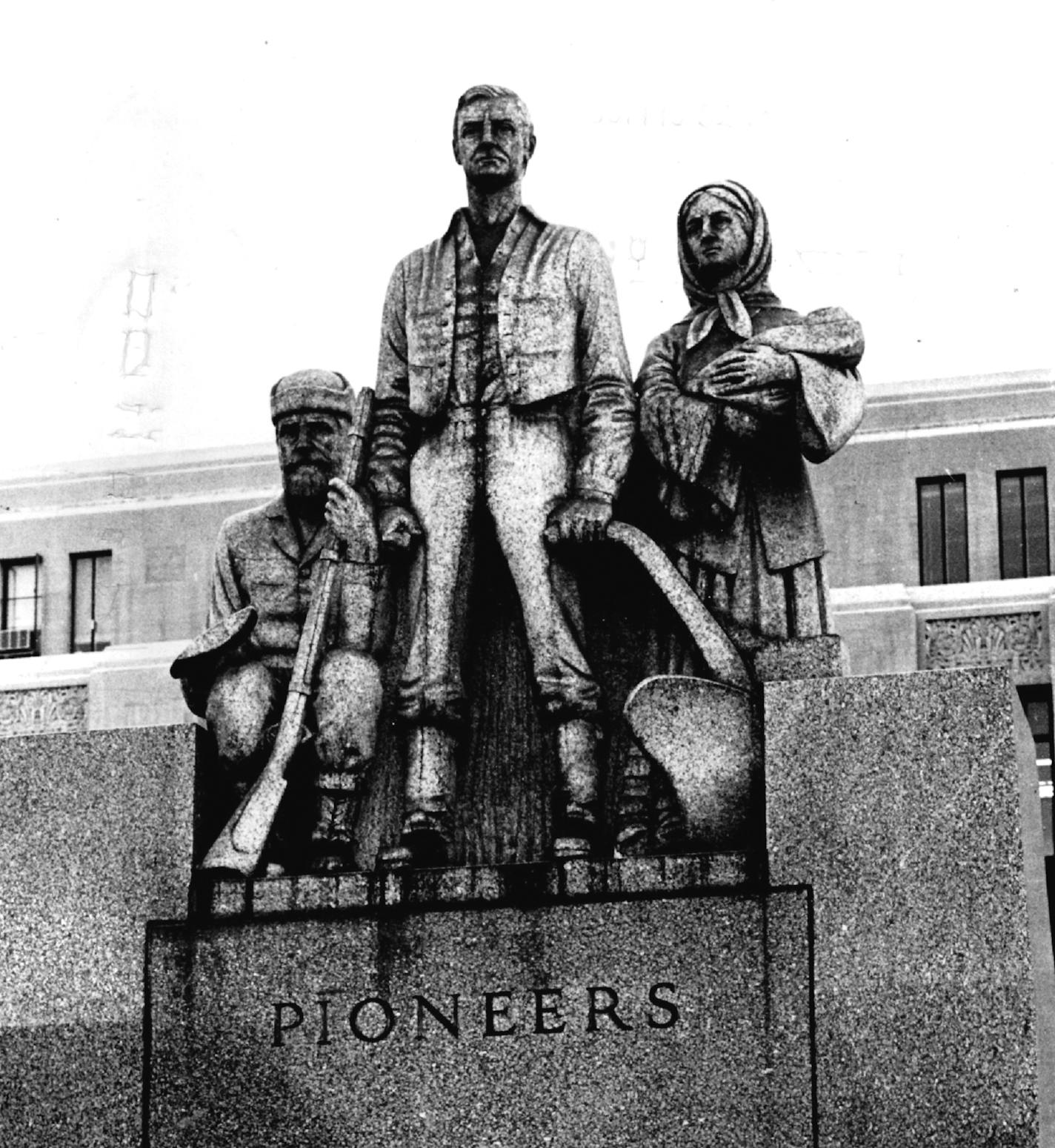 September 16, 1965 500 ton Pioneers Monument any takers? If you have always wanted to be the first one in your block with a statue of your very own in the front yard, here is your chance. The Minneapolis Park Board indicated Wednesday that it is willing to give away a 500 - ton, 23-foot high, solid granite statue which now rests in Pioneer Square in front of the Minneapolis post office. The statue shows a pioneer family, including a long-suffering wife, a handsome (in a plain sort of way) husban