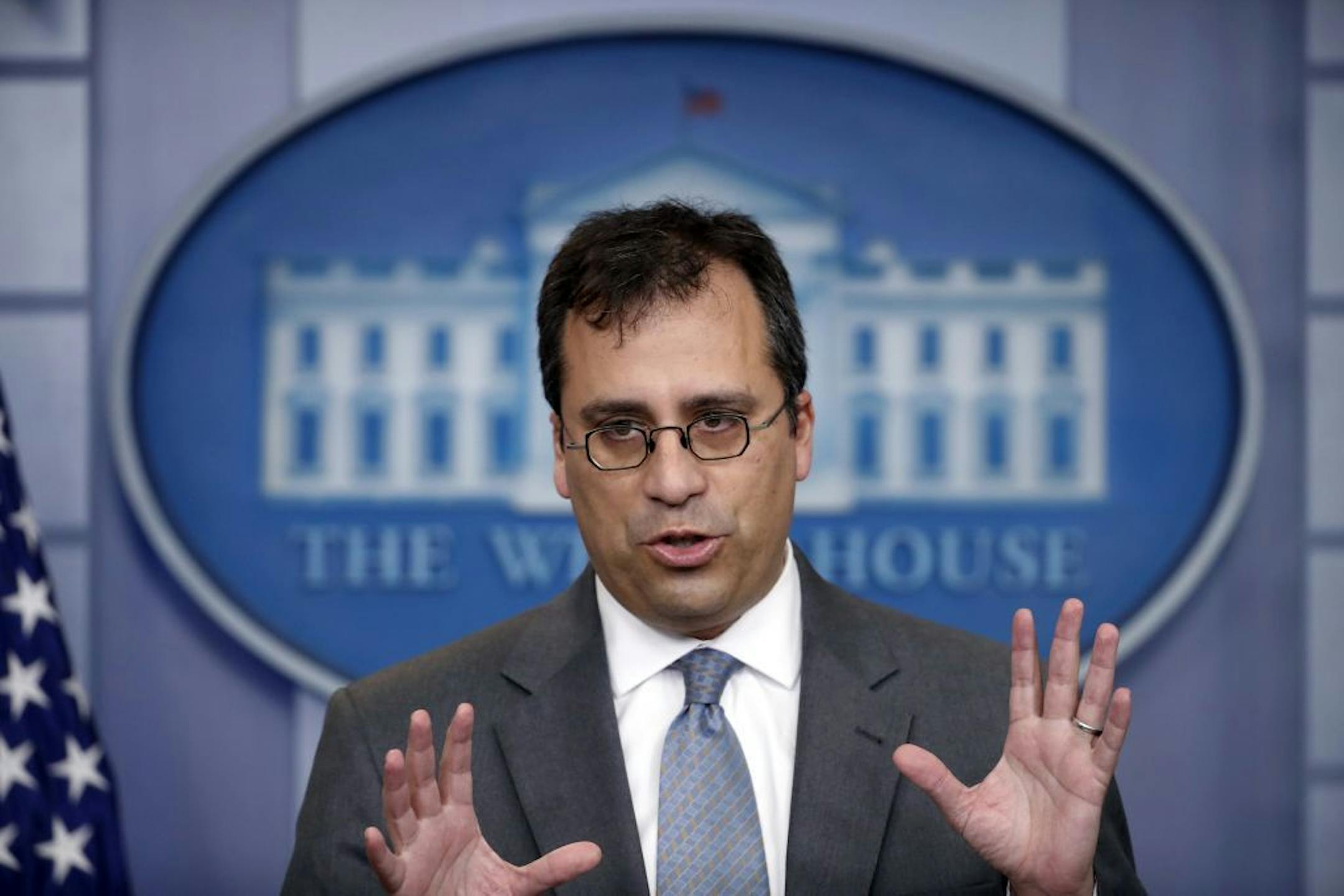 FILE - In this Dec. 12, 2017, file photo, United States Citizenship and Immigration Services (USCIS) Director L. Francis Cissna speaks during the daily press briefing at the White House in Washington. The U.S. government agency that oversees immigrants' applications to become citizens is starting an office tasked with stripping naturalized Americans of their citizenship if they cheated to get it. Cissna said in an interview Friday, June 8, 2018, that his agency is hiring several dozen lawyers an