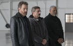 This image released by Lionsgate shows Bryan Cranston, from left, Steve Carell and Laurence Fishburne in a scene from "Last Flag Flying." (Wilson Webb