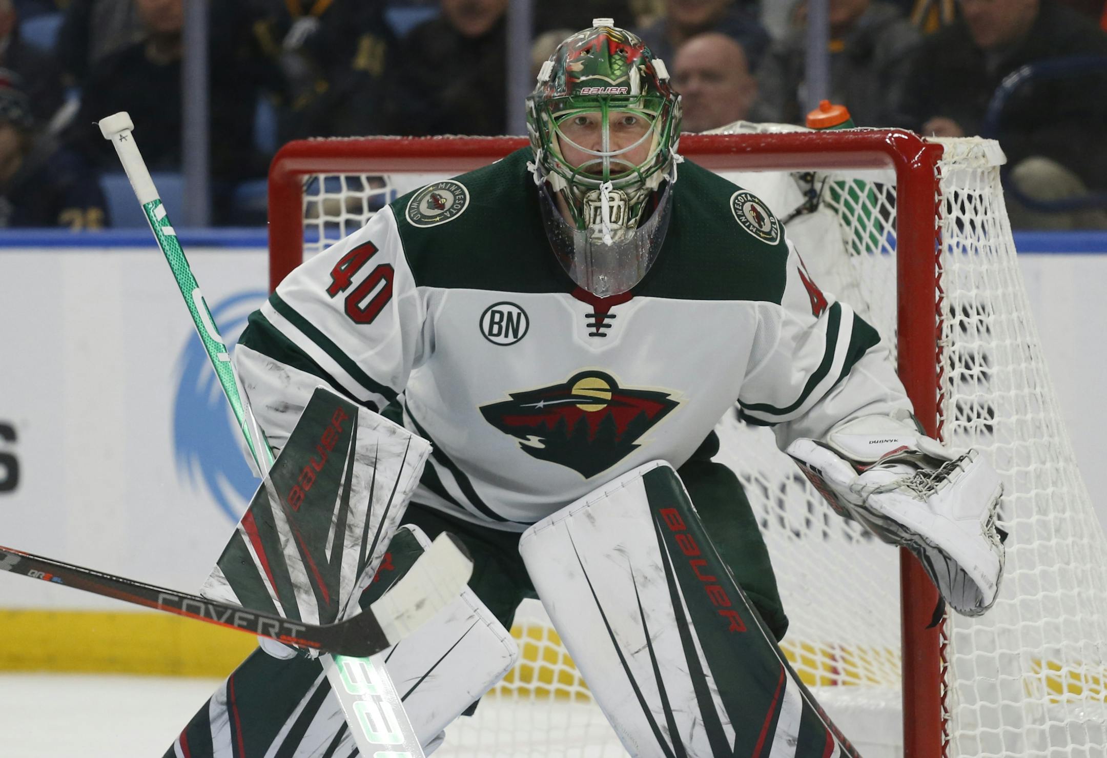 Minnesota Wild goalie Devan Dubnyk (40) looks on during the third period of an NHL hockey game against the Buffalo Sabres, Tuesday, Feb. 5, 2019, in Buffalo N.Y.