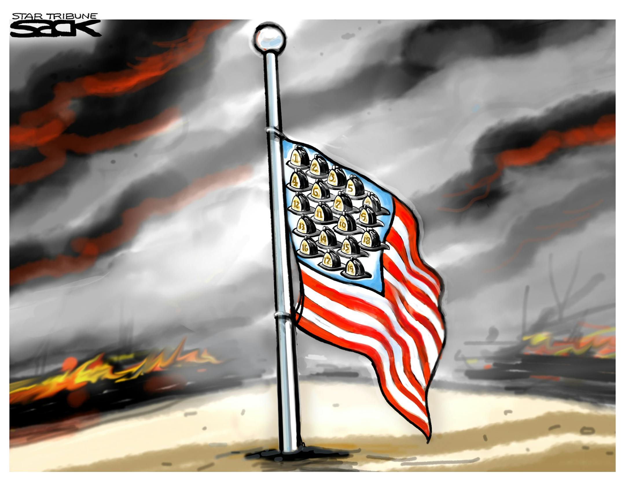 Steve Sack cartoon for July 4, 2013. Topic: Remembering Arizona firefighters.