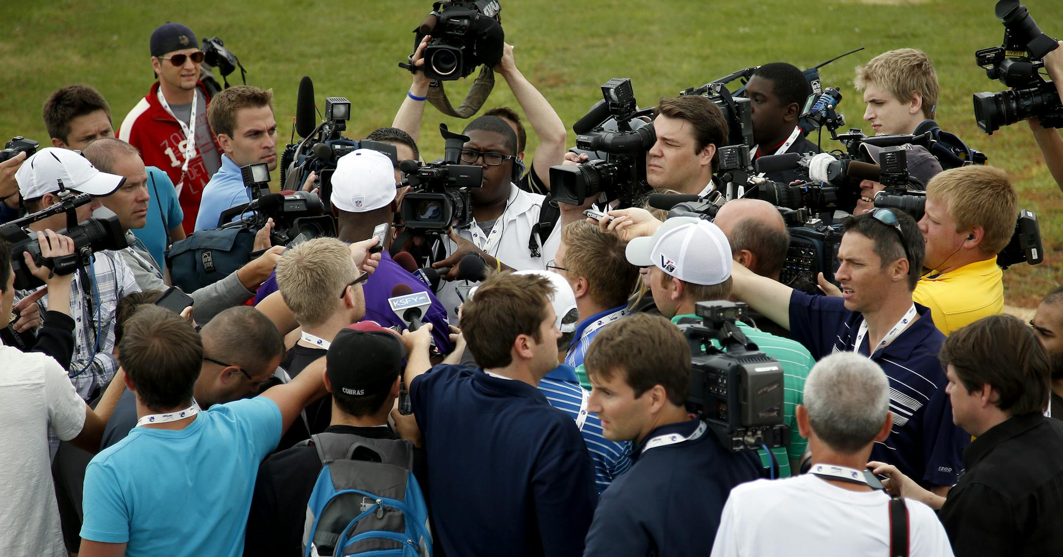 Minnesota Vikings running back Adrian Peterson (28) spoke with the media after the morning practice on Friday. ] CARLOS GONZALEZ cgonzalez@startribune.com July 26, 2013, Minnesota Vikings Training Camp, Mankato, Minn., Minnesota State University, Mankato ‚Äì Morning practice