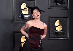 Halsey arrives at the 64th Annual Grammy Awards at the MGM Grand Garden Arena on Sunday, April 3, 2022, in Las Vegas.