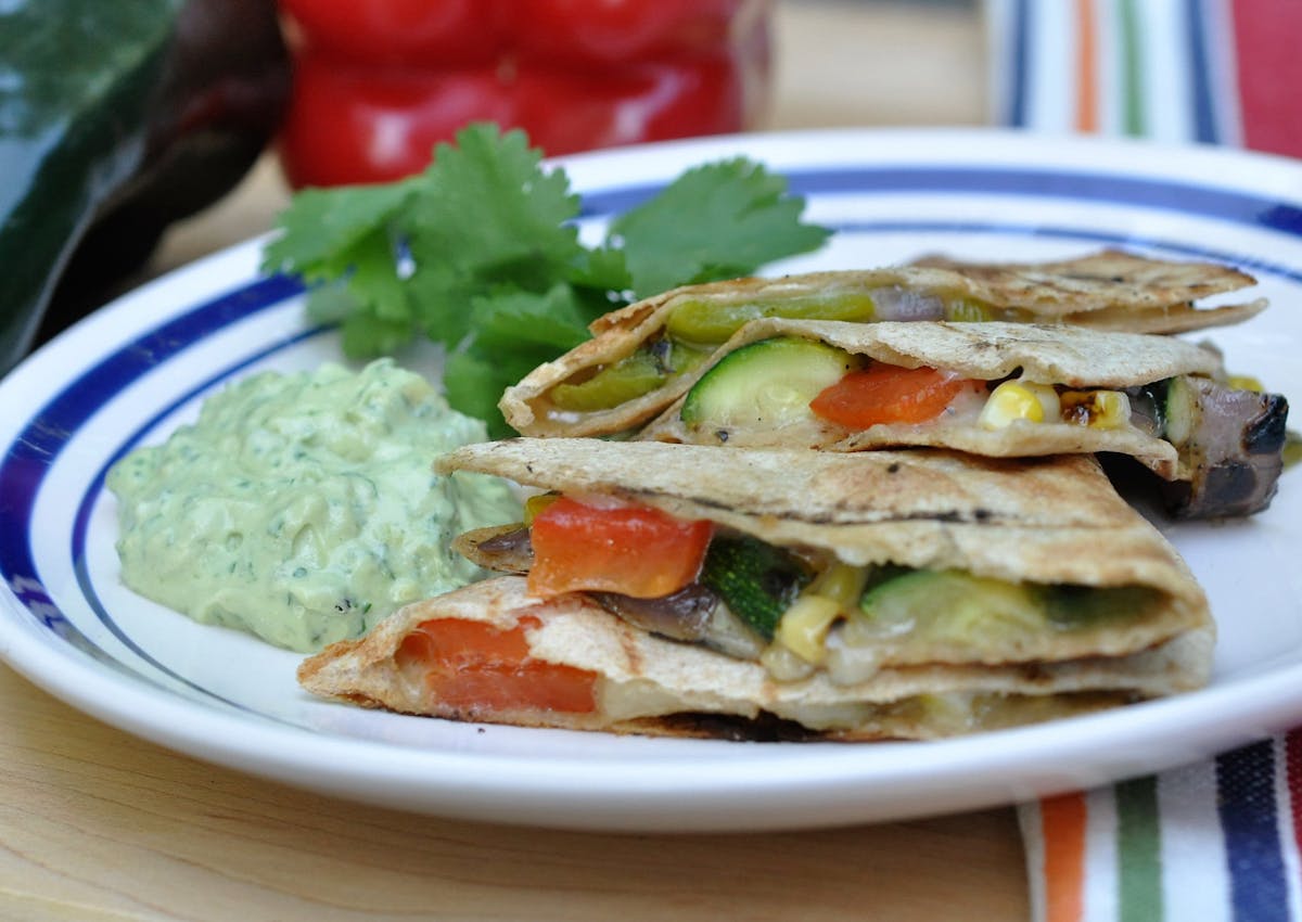 Grilled Vegetable Quesadillas with Creamy Charred Jalape&#xf1;o Guacamole