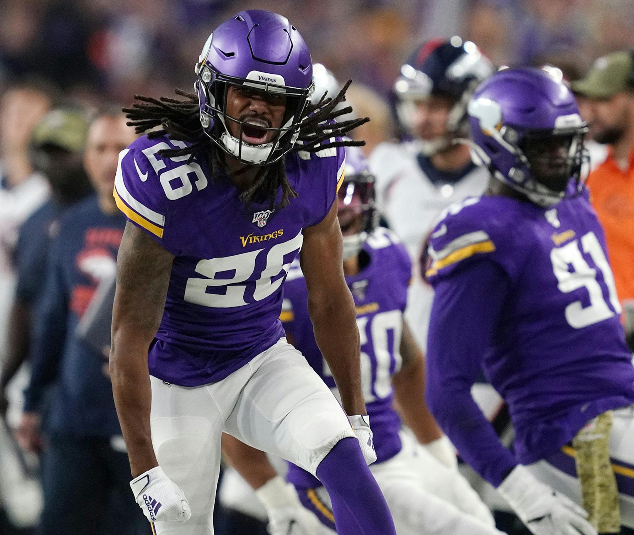 Minnesota Vikings cornerback Trae Waynes (26) celebrates after tackling Denver Broncos tight end Noah Fant (87) in the fourth quarter. on Sunday, Nov. 17, 2019 at U.S. Bank Stadium in Minneapolis, Minn. (Anthony Souffle/Minneapolis Star Tribune/TNS) ORG XMIT: 1492482