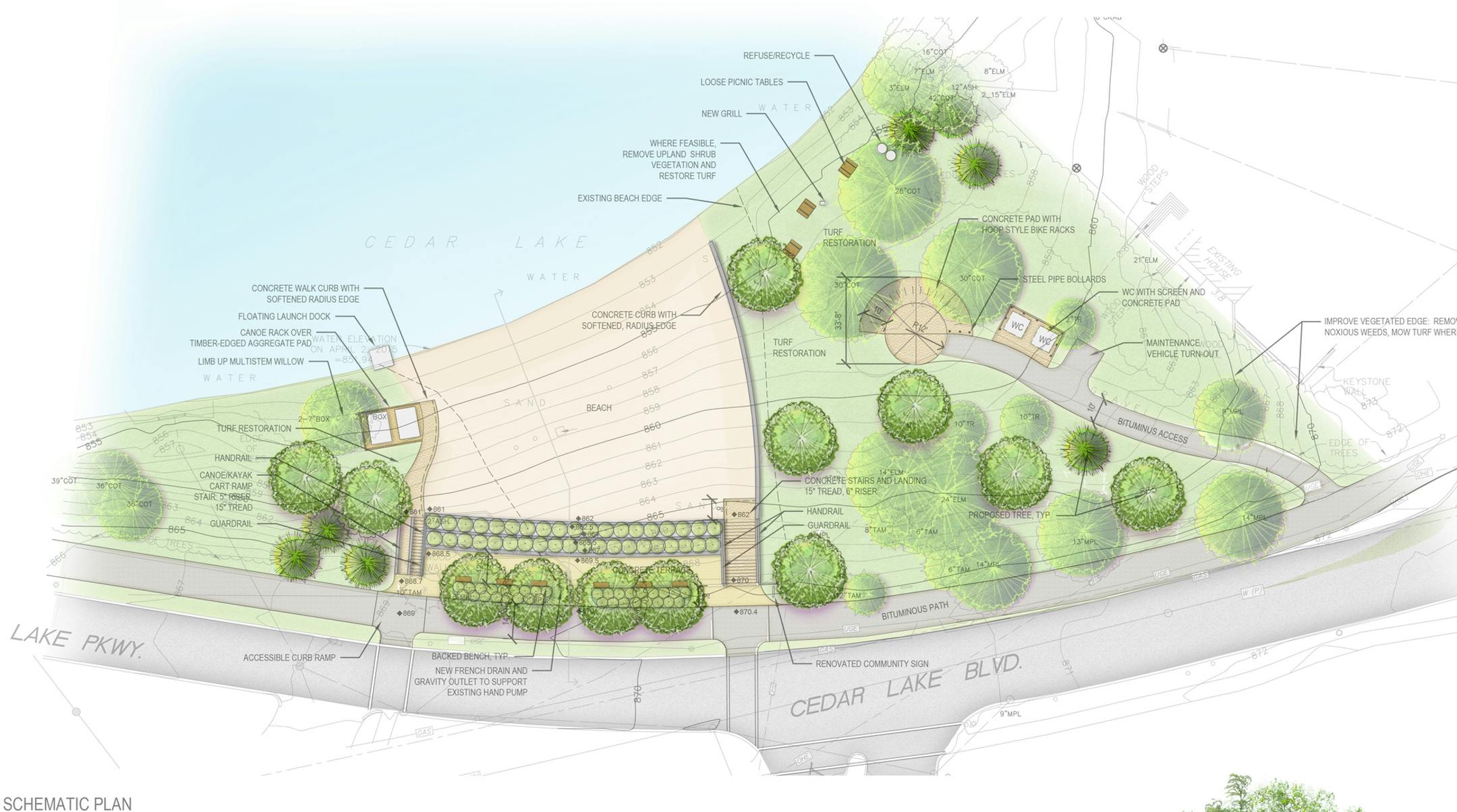 Beach improvements would include, landscaping, bathrooms, a new bike parking area, a pedestrian plaza, center, and new stairways and ramps, shown on either side of the plaza.