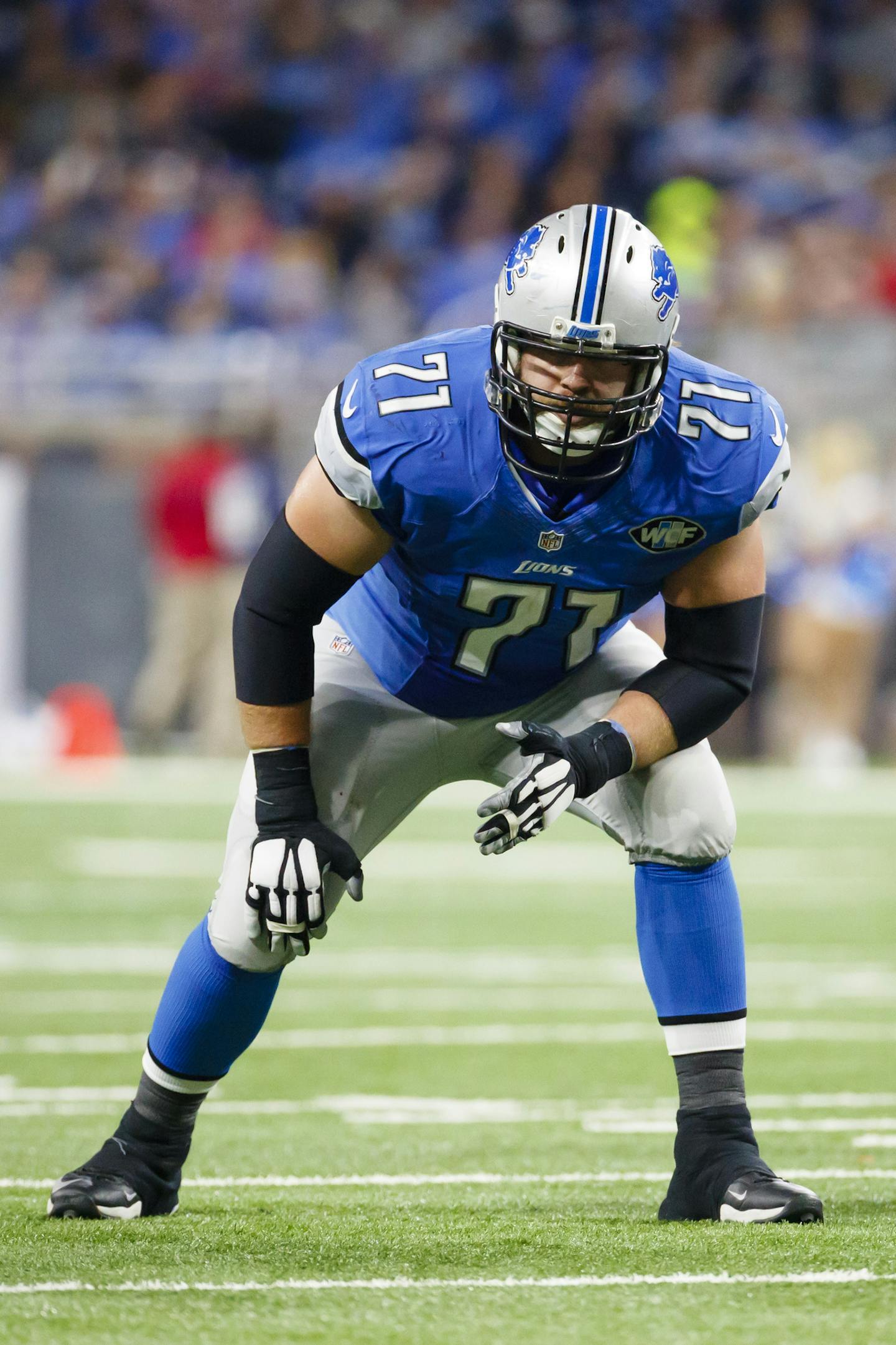 FILE- This Dec. 11, 2016, file photo shows Detroit Lions tackle Riley Reiff (71) getting set against the Chicago Bears during an NFL football game at Ford Field in Detroit. There's no change for the Minnesota Vikings this season that has made more of an impact than the addition of left tackle Reiff. The Vikings visit Detroit on Thursday, with Reiff headed to face his old team the Lions. (AP Photo/Rick Osentoski, File)