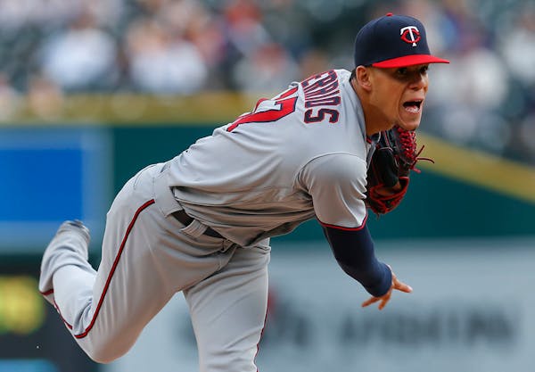 Minnesota Twins pitcher Jose Berrios throws against the Detroit Tigers in the first inning of a baseball game Monday, May 16, 2016, in Detroit.