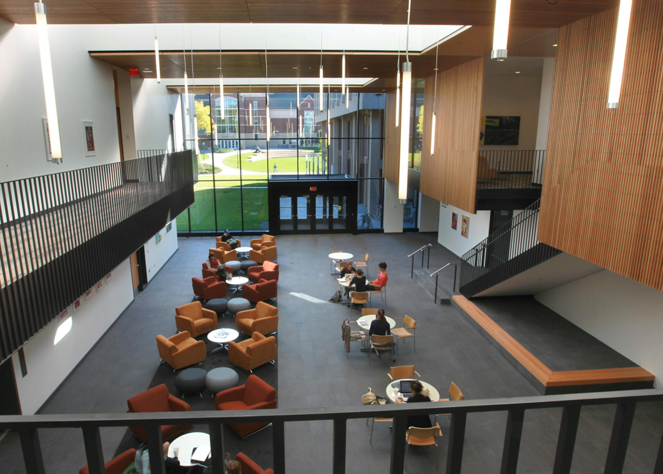 After a $33.8 million renovation, Macalester College is reopening its Janet Wallace Fine Arts Center and Gallery. This view shows a new two-story atrium.