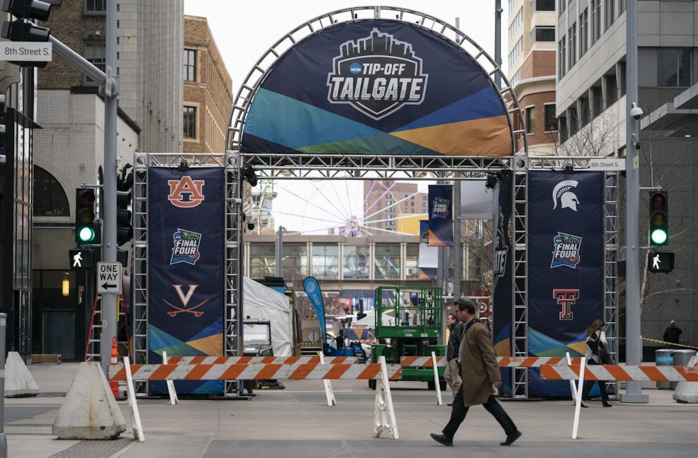 Setup work on Nicollet Mall ahead of the NCAA Final Four was gearing up Thursday in downtown Minneapolis.